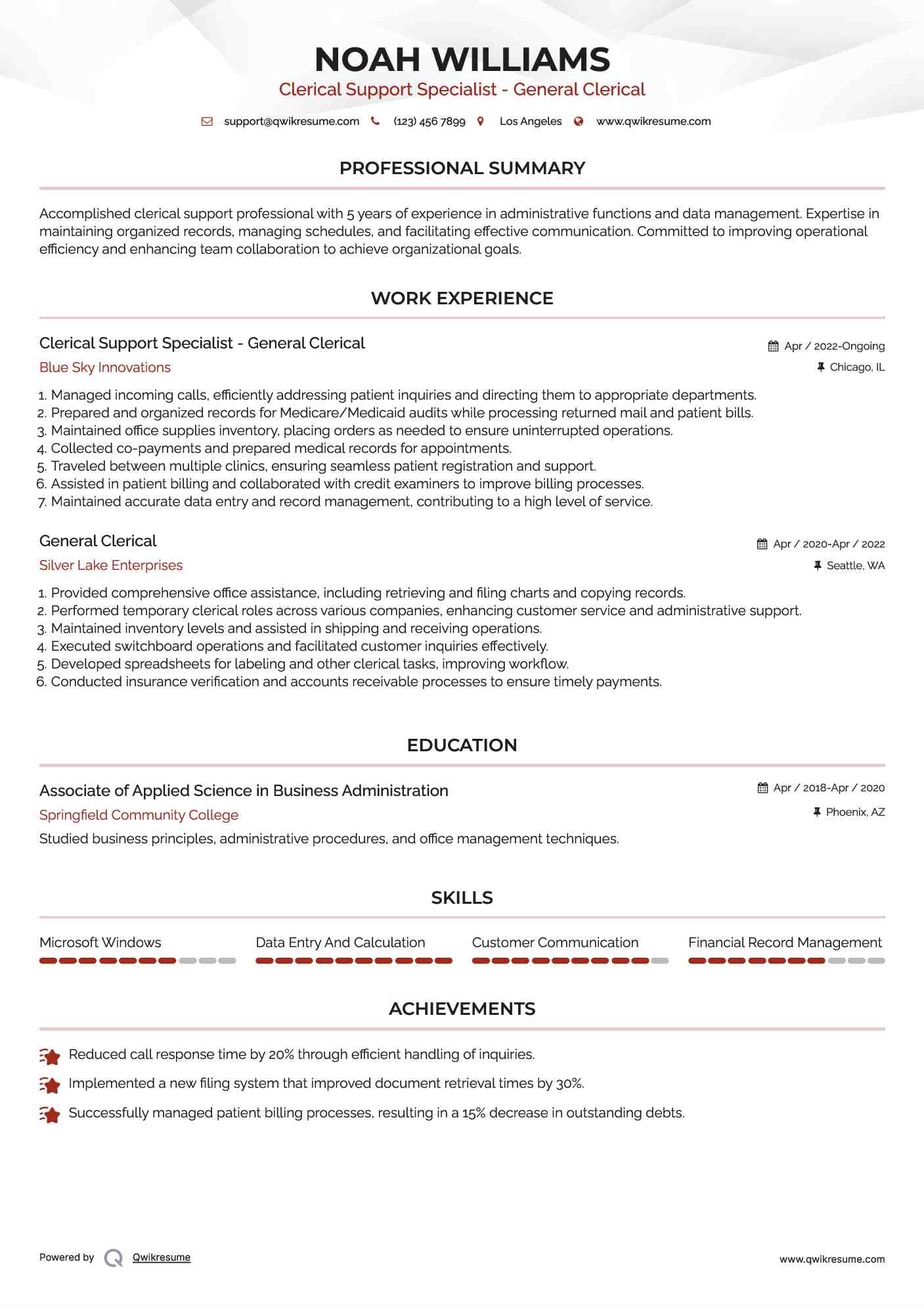 Clerical Support Specialist - General Clerical Resume Template