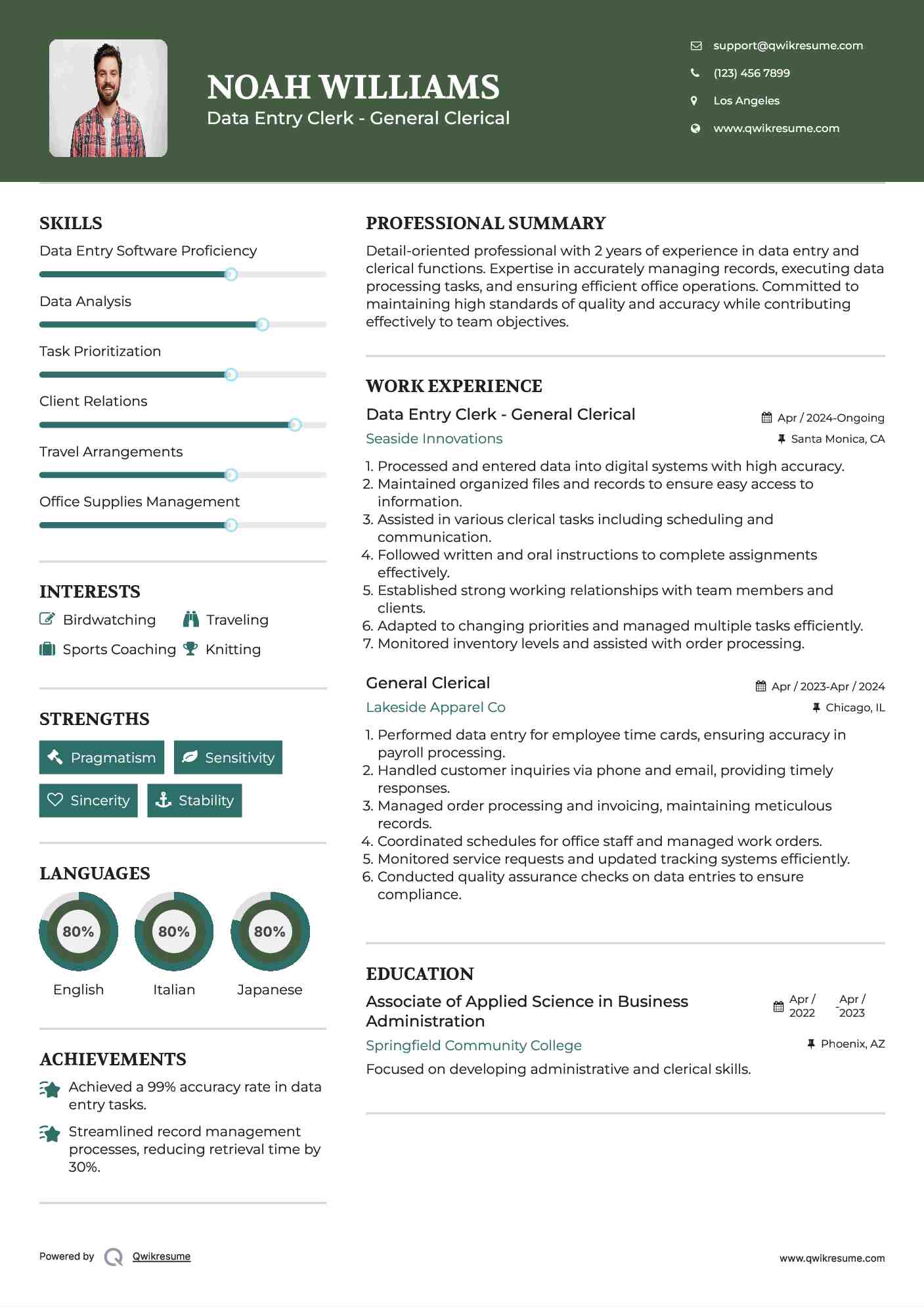 Data Entry Clerk - General Clerical Resume Format