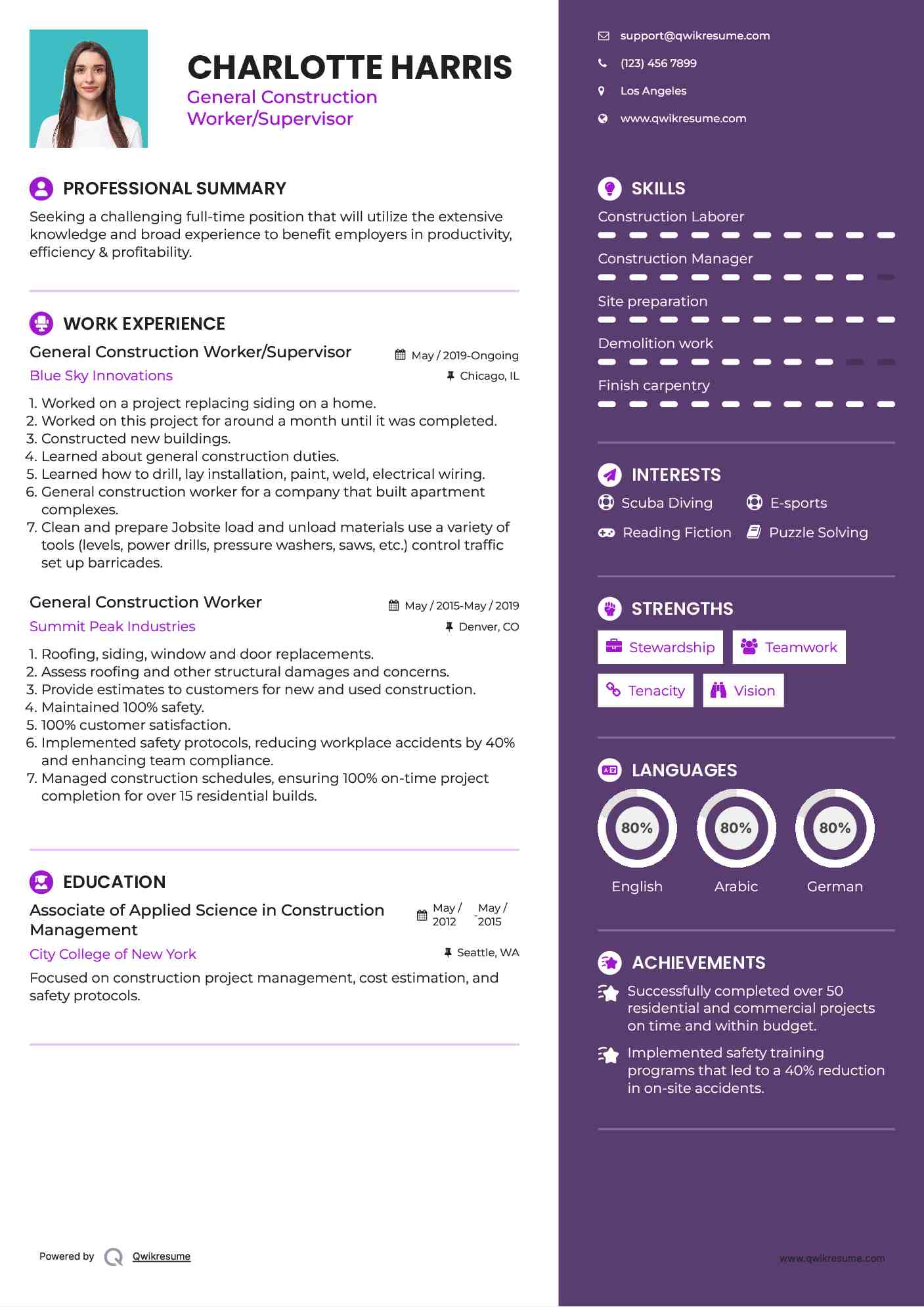 General Construction Worker/Supervisor Resume Sample