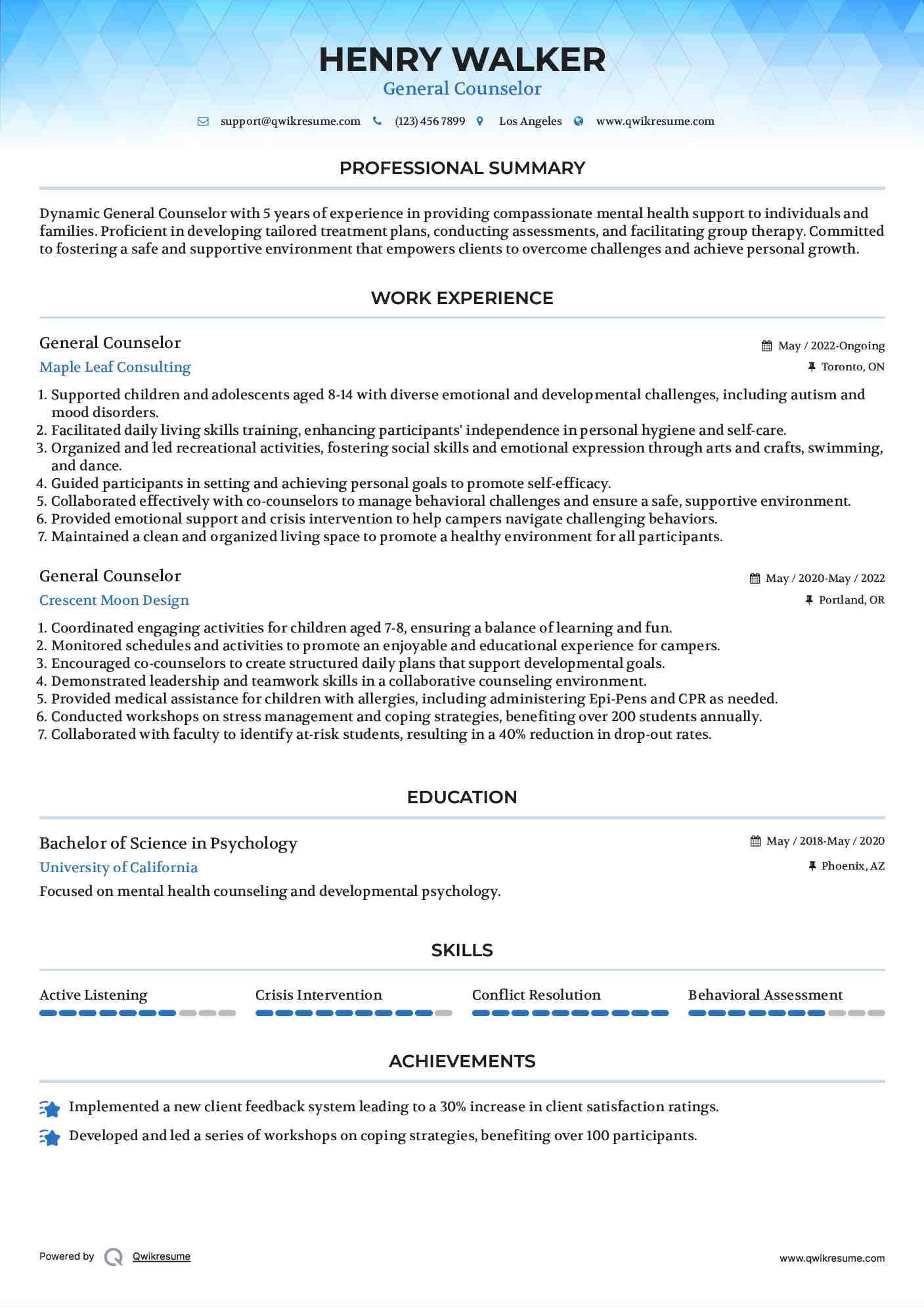 General Counselor Resume Example