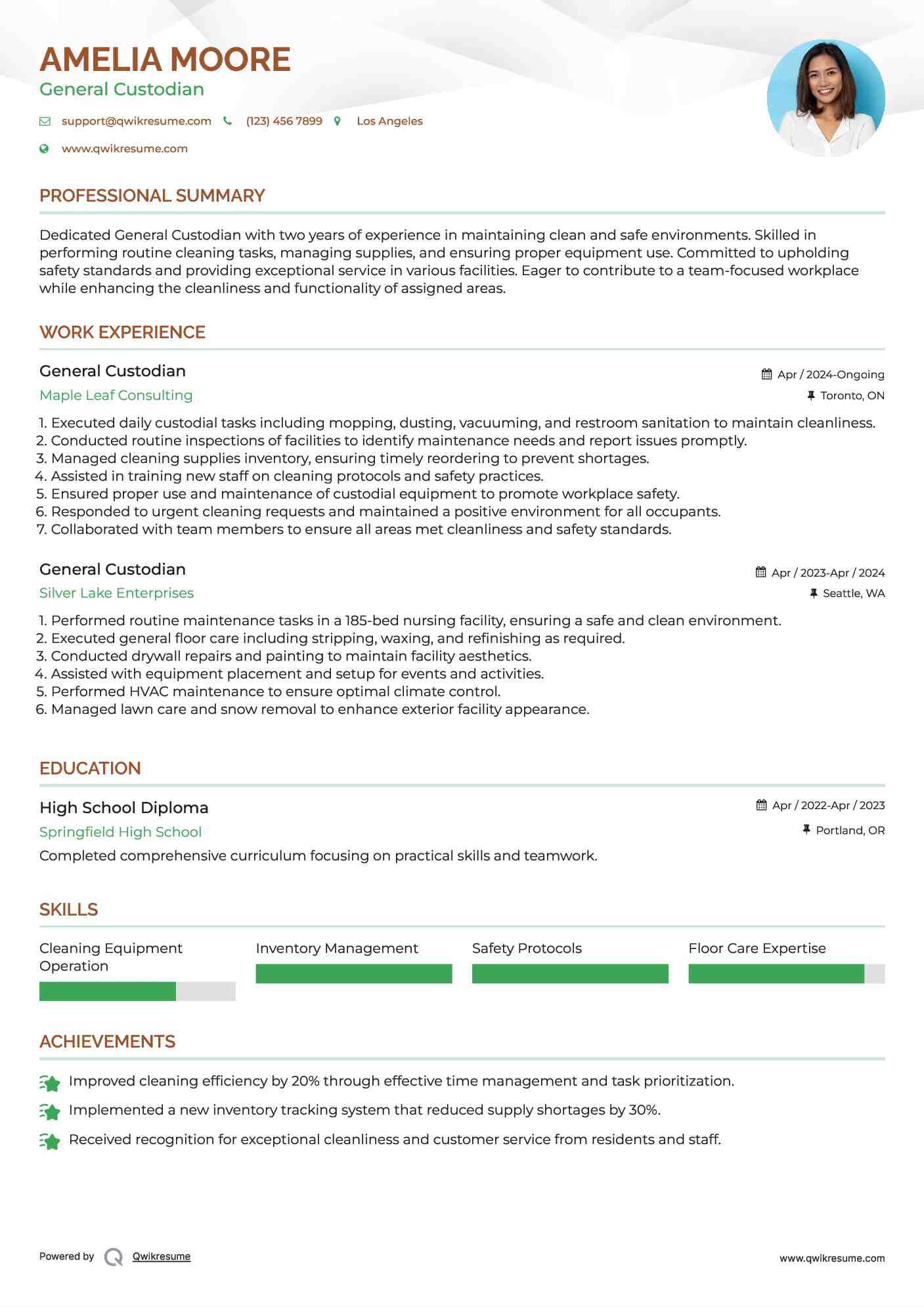General Custodian Resume Format