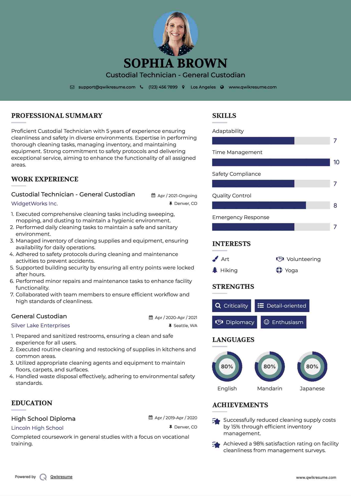 Custodial Technician - General Custodian Resume Sample