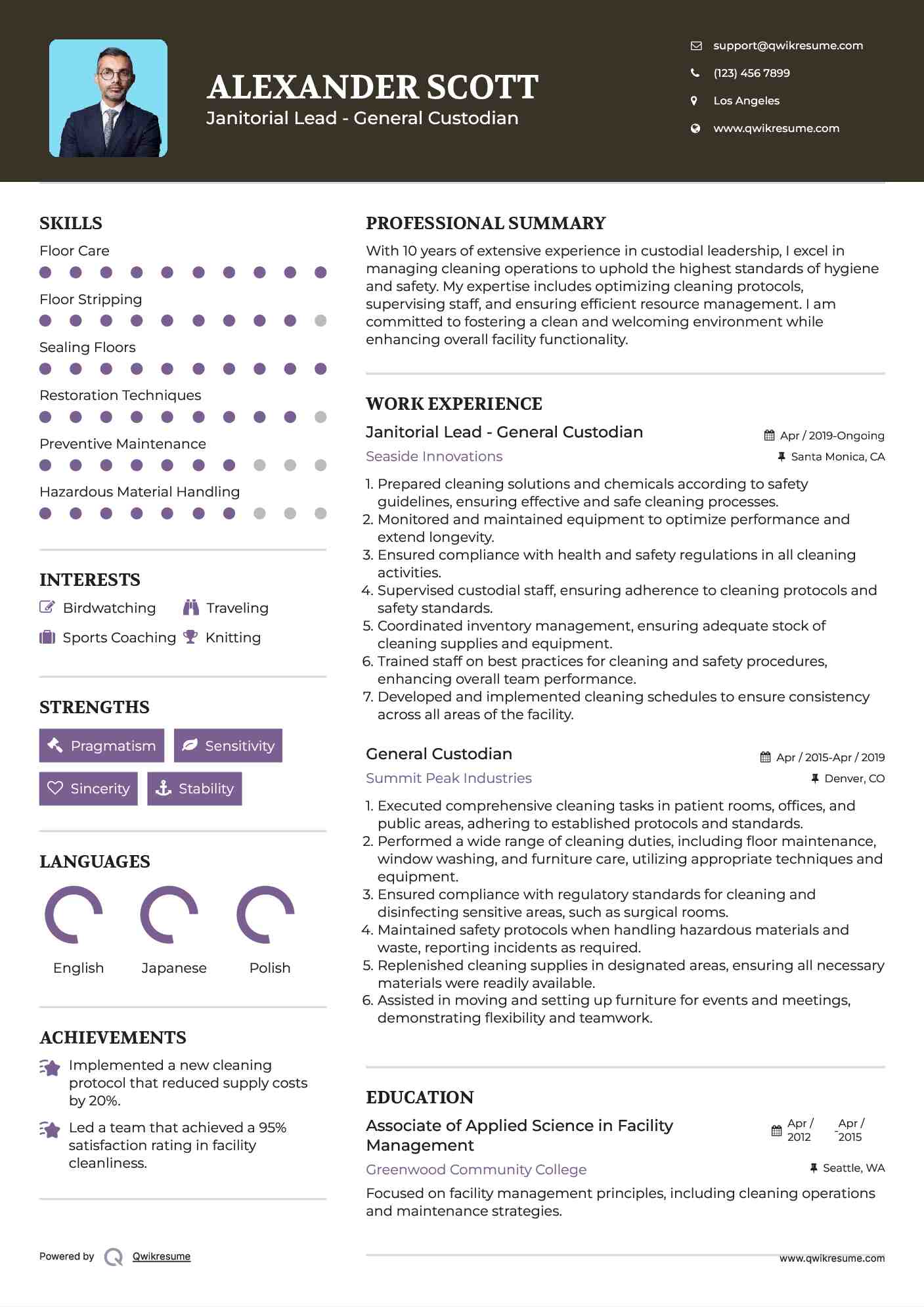 Janitorial Lead - General Custodian Resume Example
