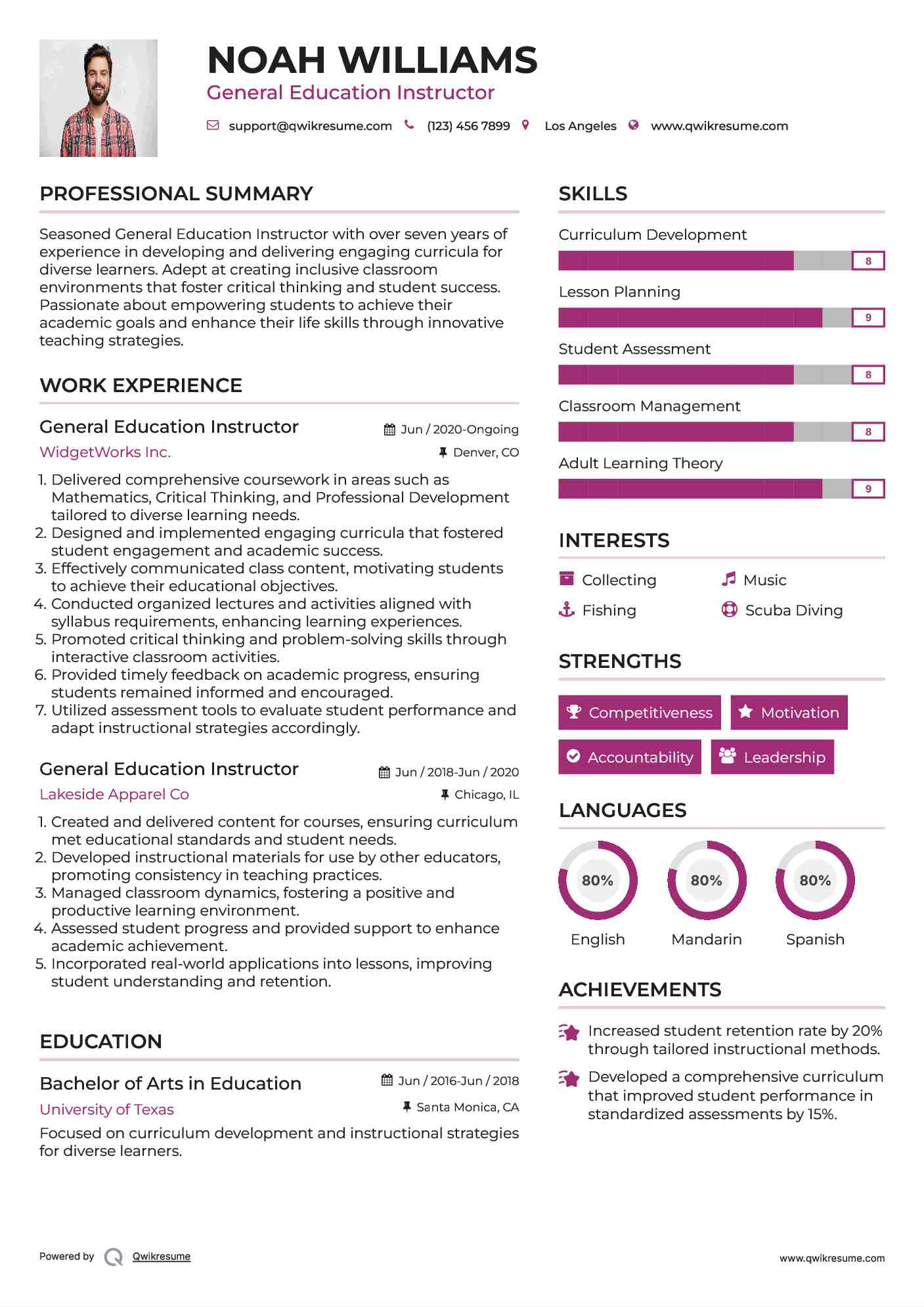 General Education Instructor Resume Sample