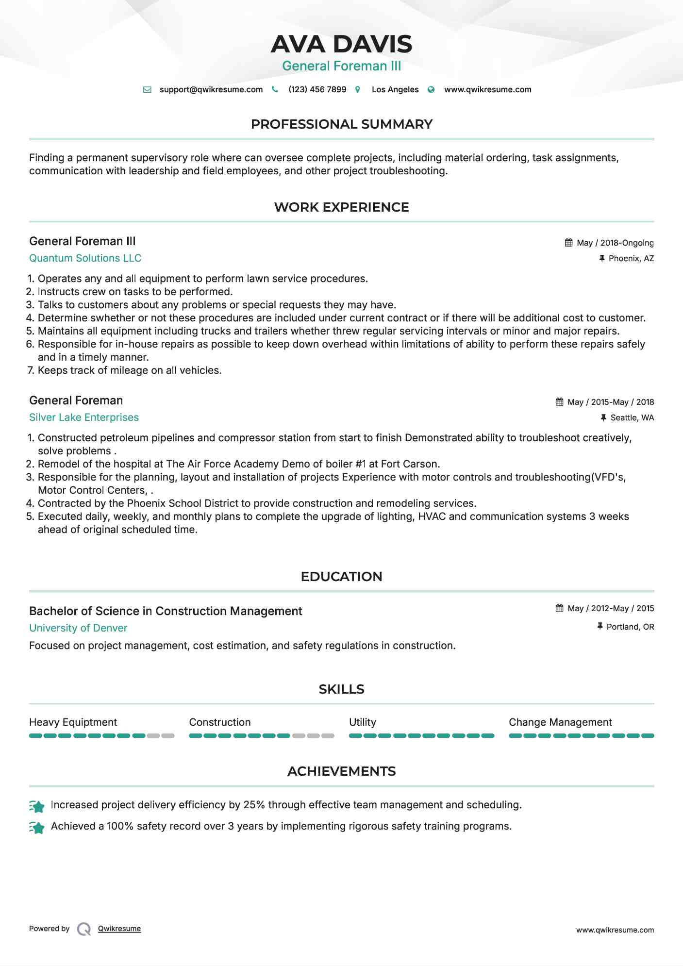 General Foreman III Resume Sample