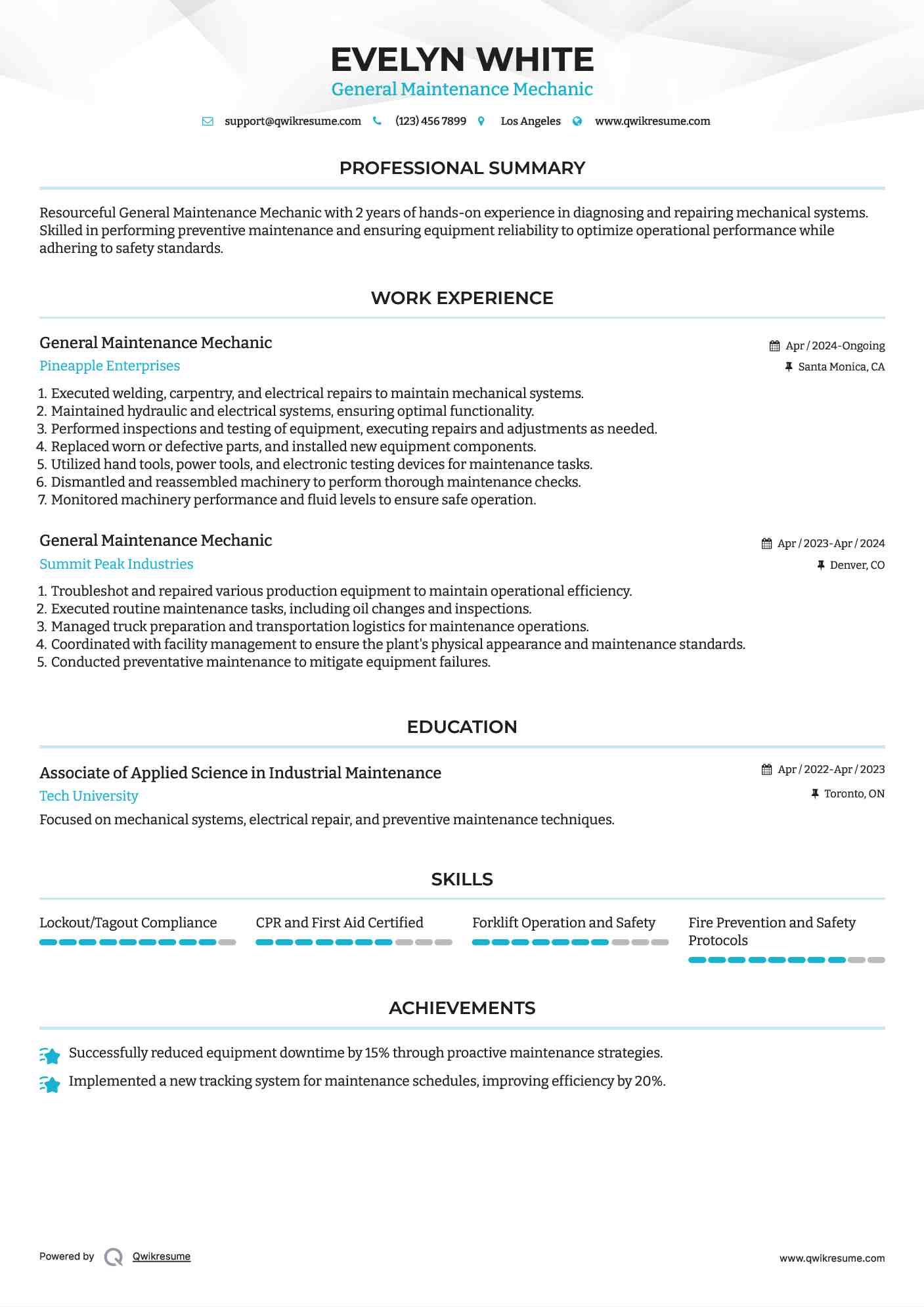 General Maintenance Mechanic Resume Template