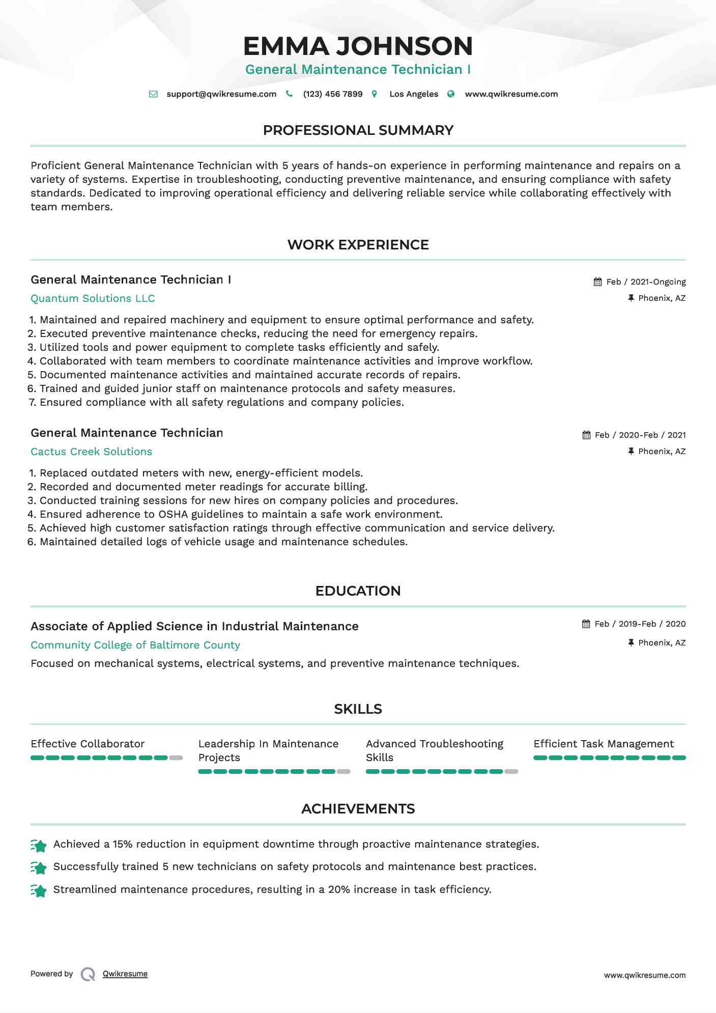 General Maintenance Technician I Resume Example