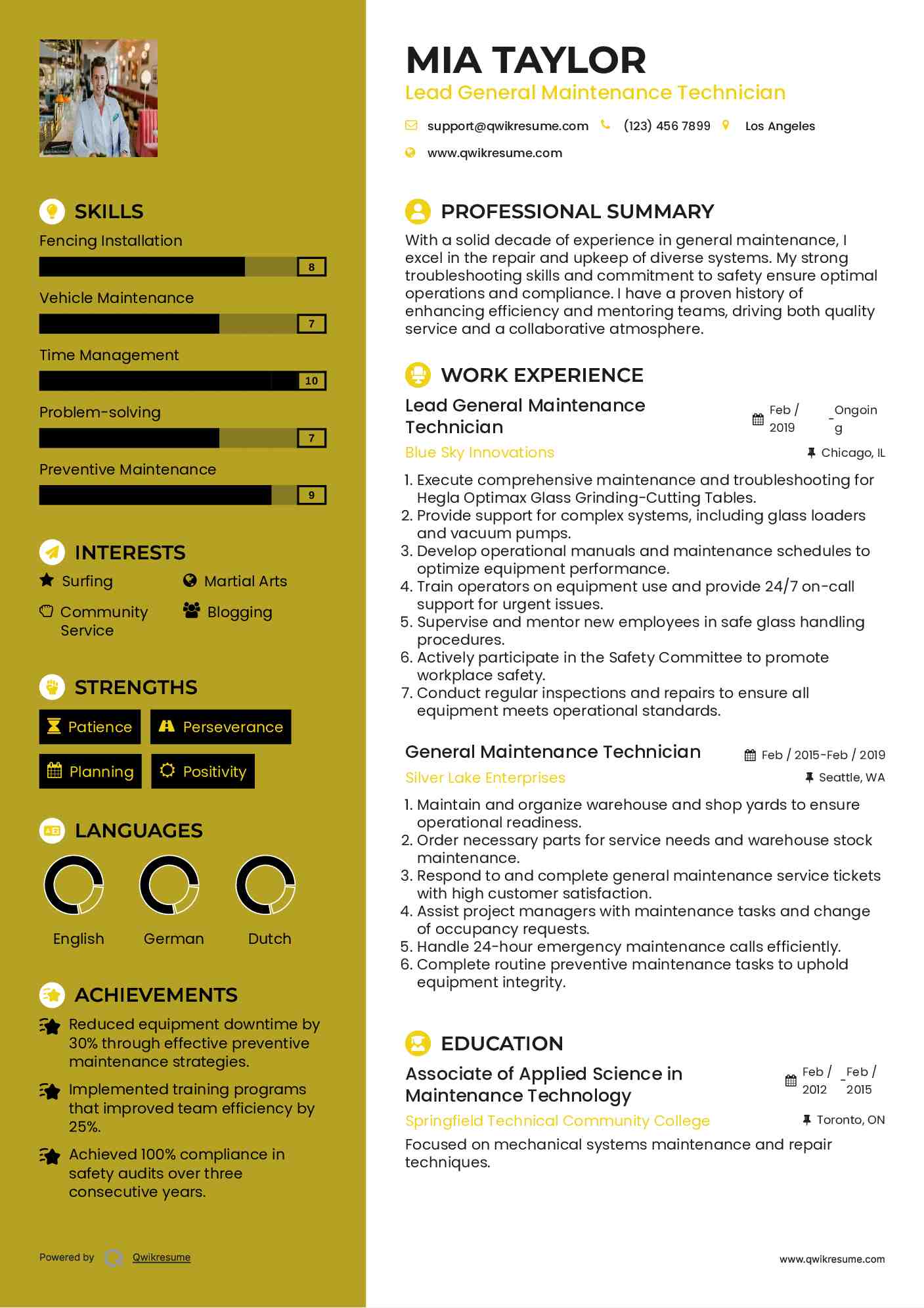 Lead General Maintenance Technician Resume Template