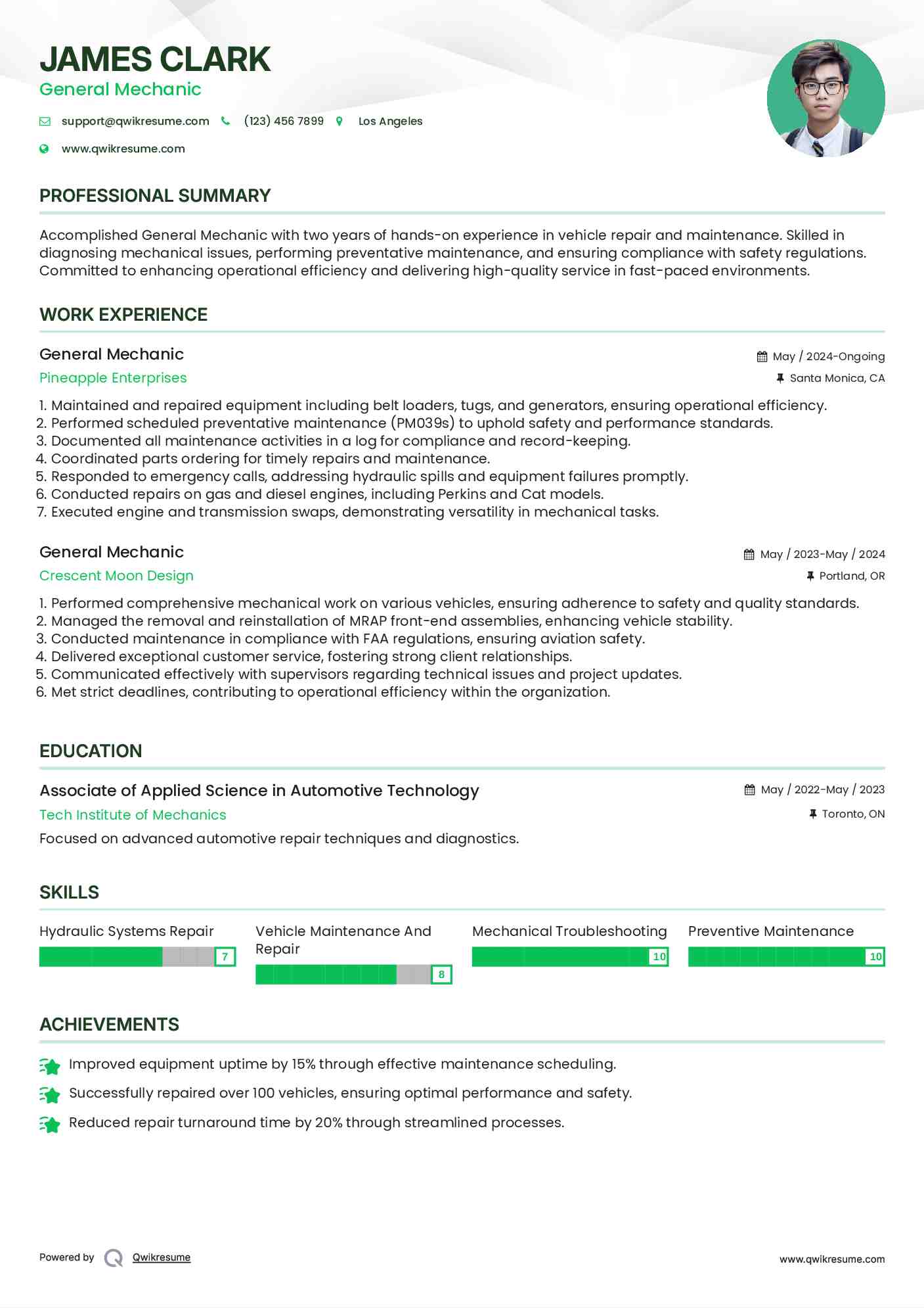 General Mechanic Resume Example