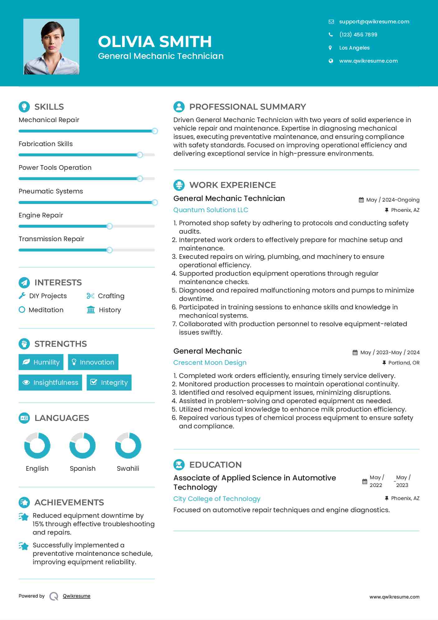 General Mechanic Technician Resume Model