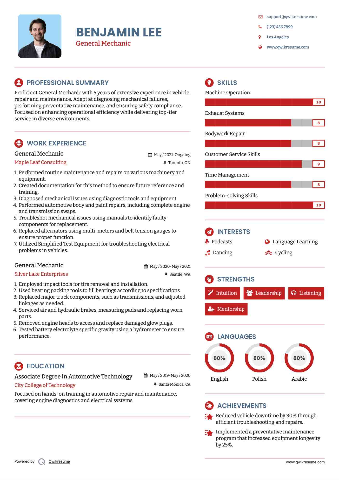 General Mechanic Resume Template