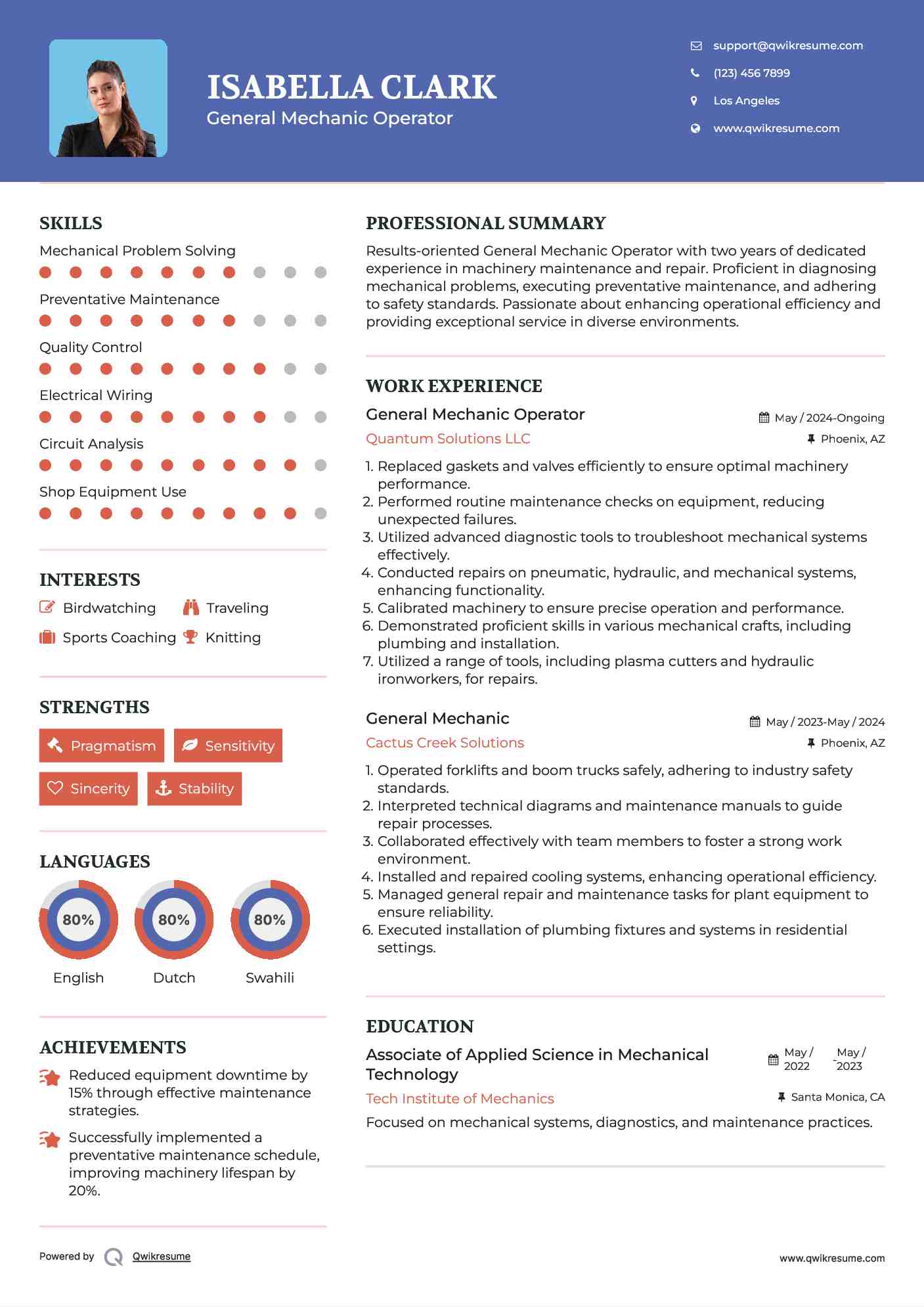 General Mechanic Operator Resume Template