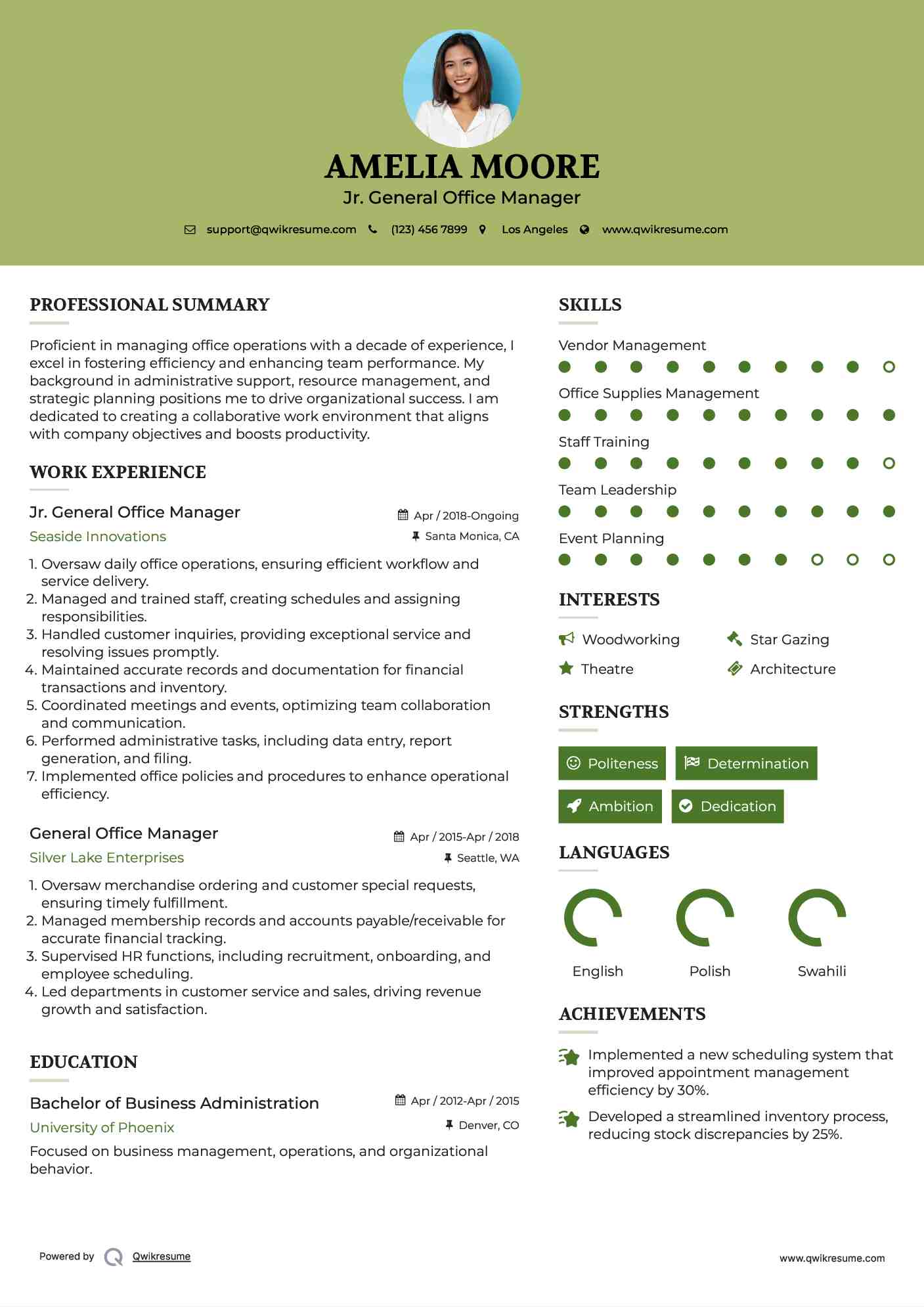 Jr. General Office Manager Resume Example