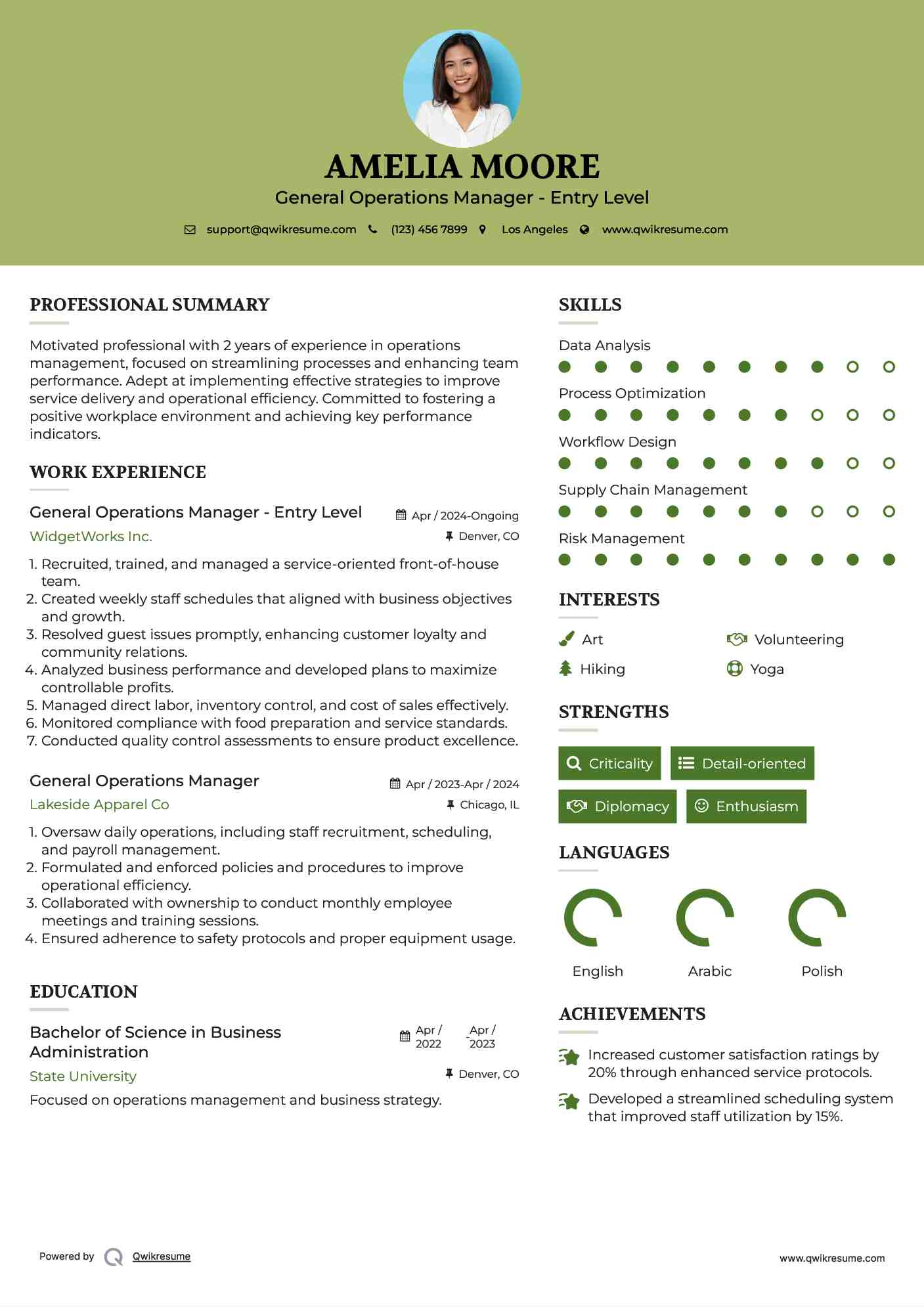 General Operations Manager - Entry Level Resume Sample