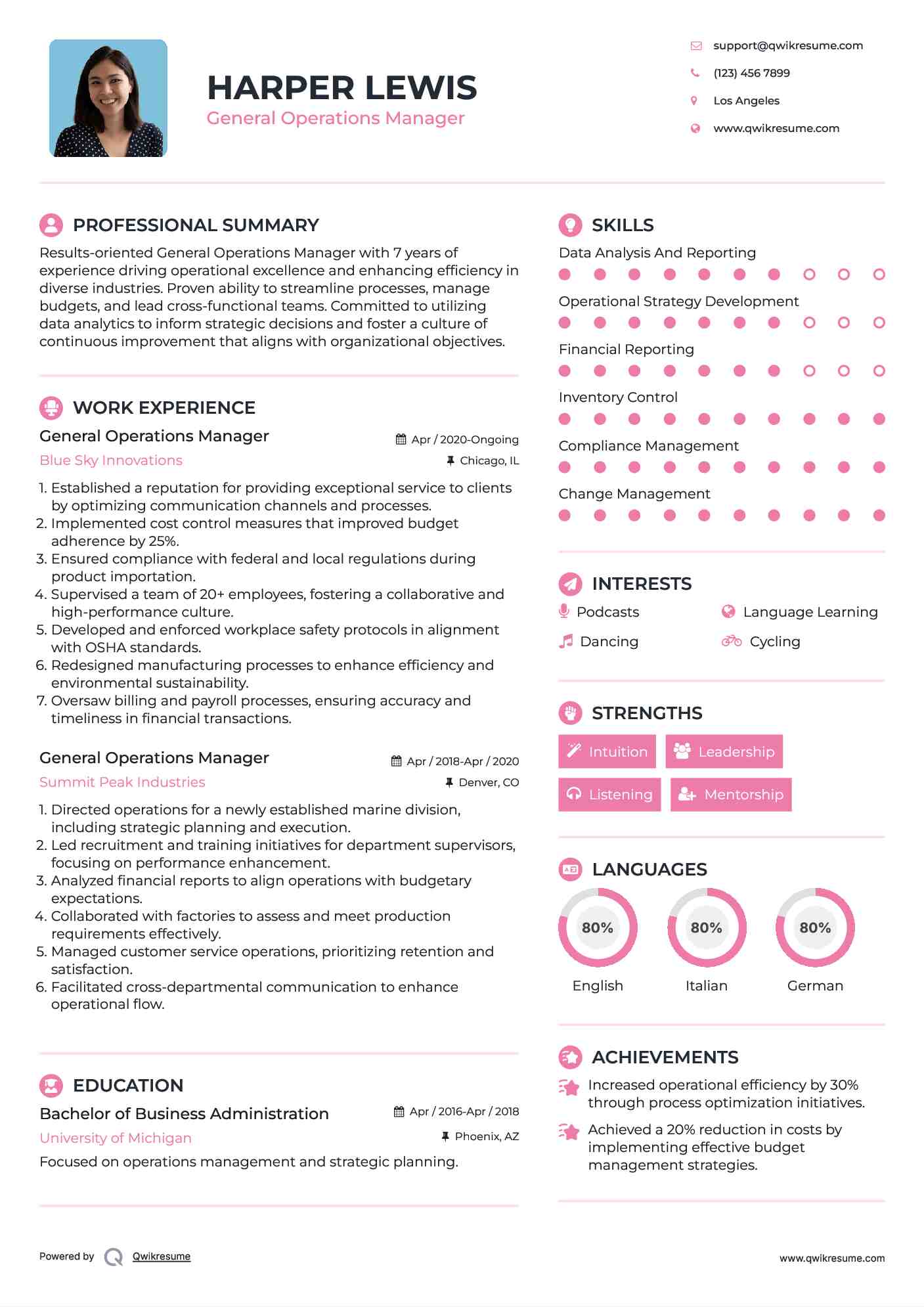 General Operations Manager Resume Sample