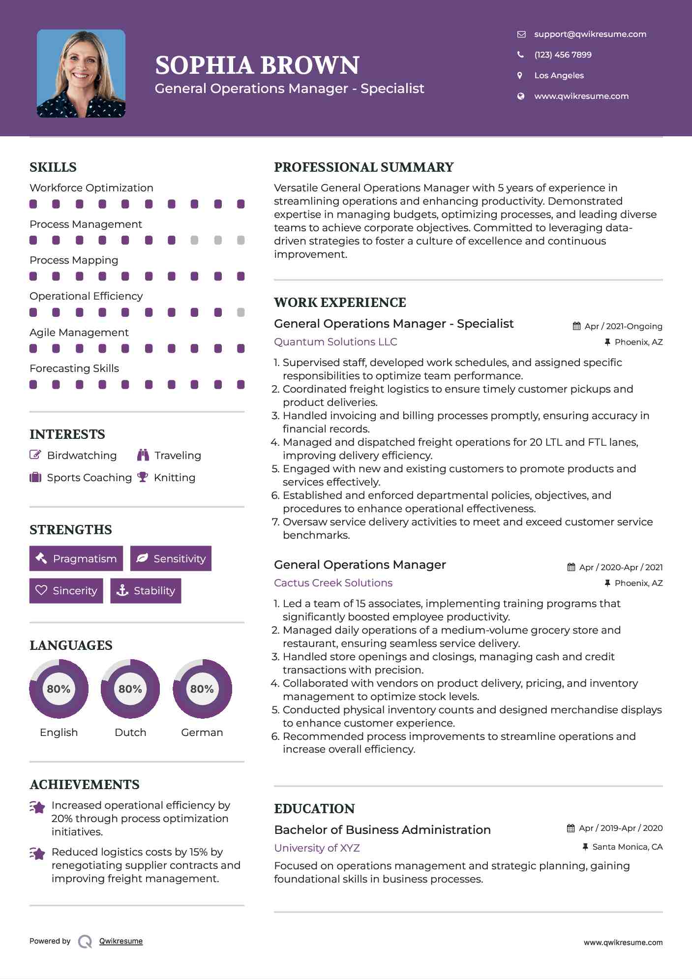 General Operations Manager - Specialist Resume Model