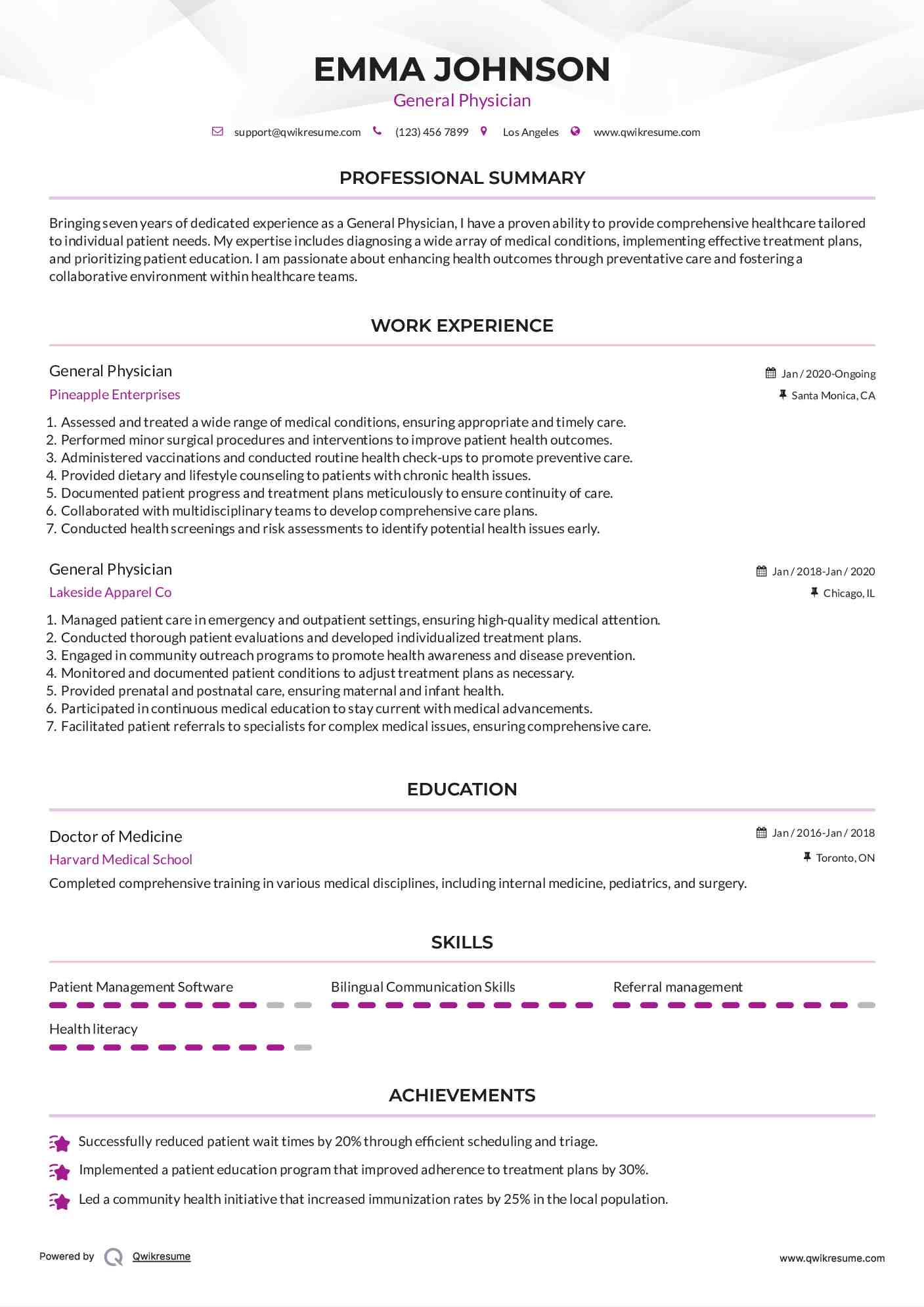 General Physician Resume Format