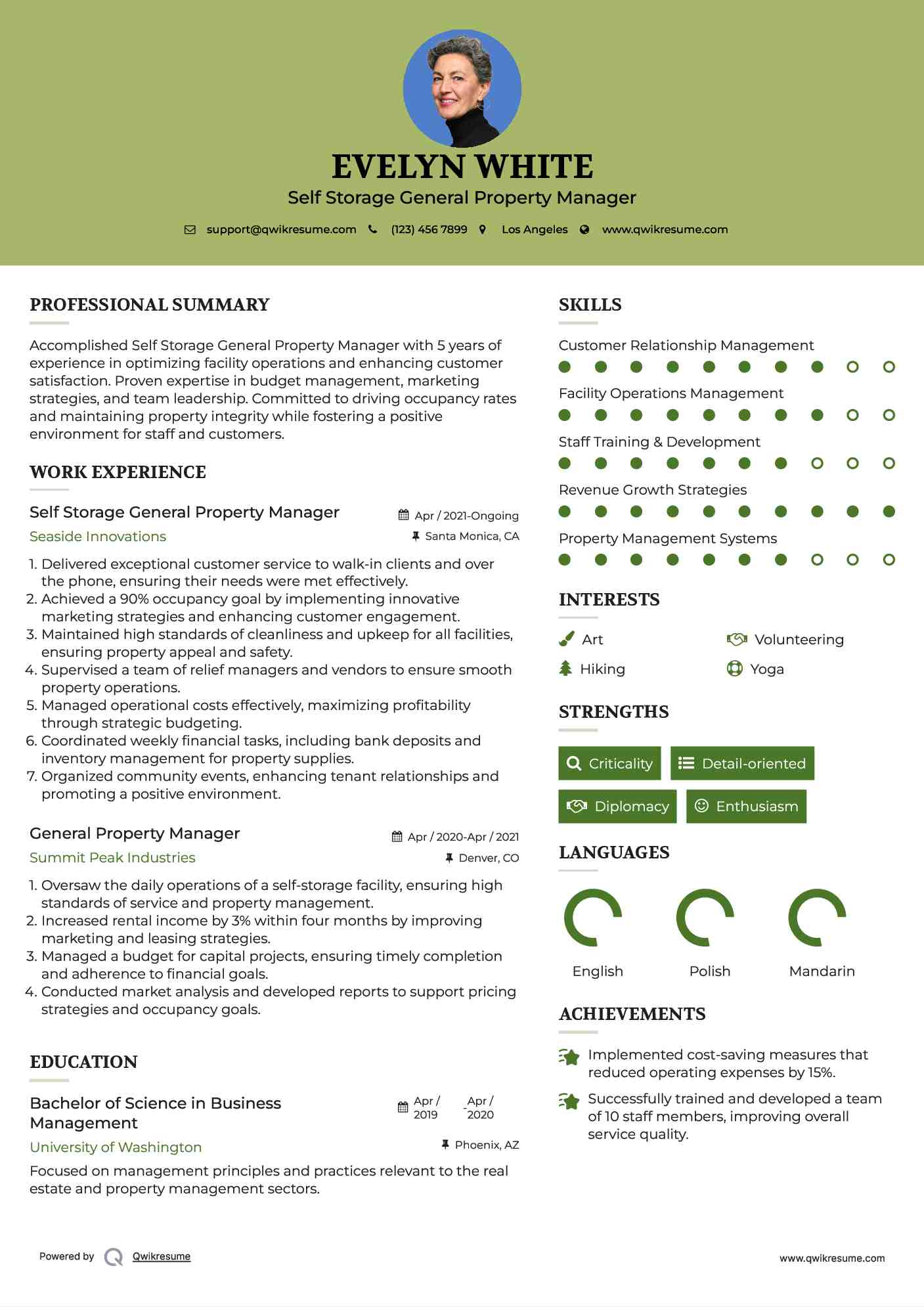 Self Storage General Property Manager Resume Template