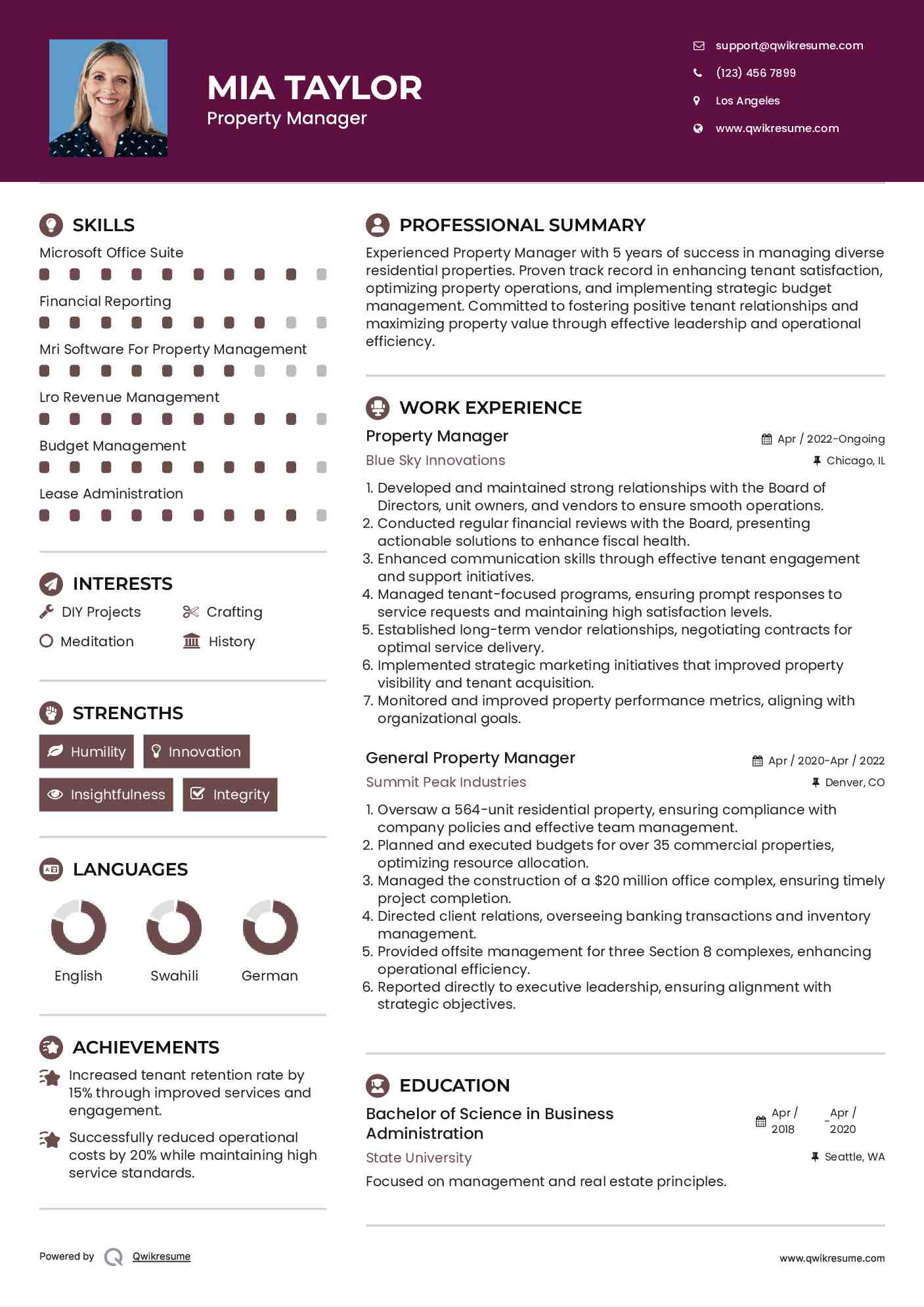 Property Manager Resume Model