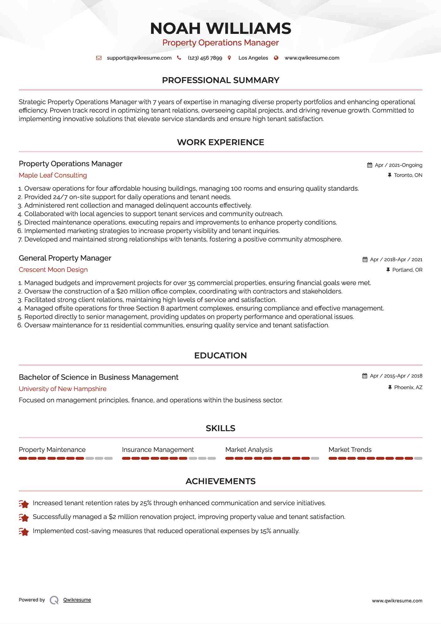 Property Operations Manager Resume Example