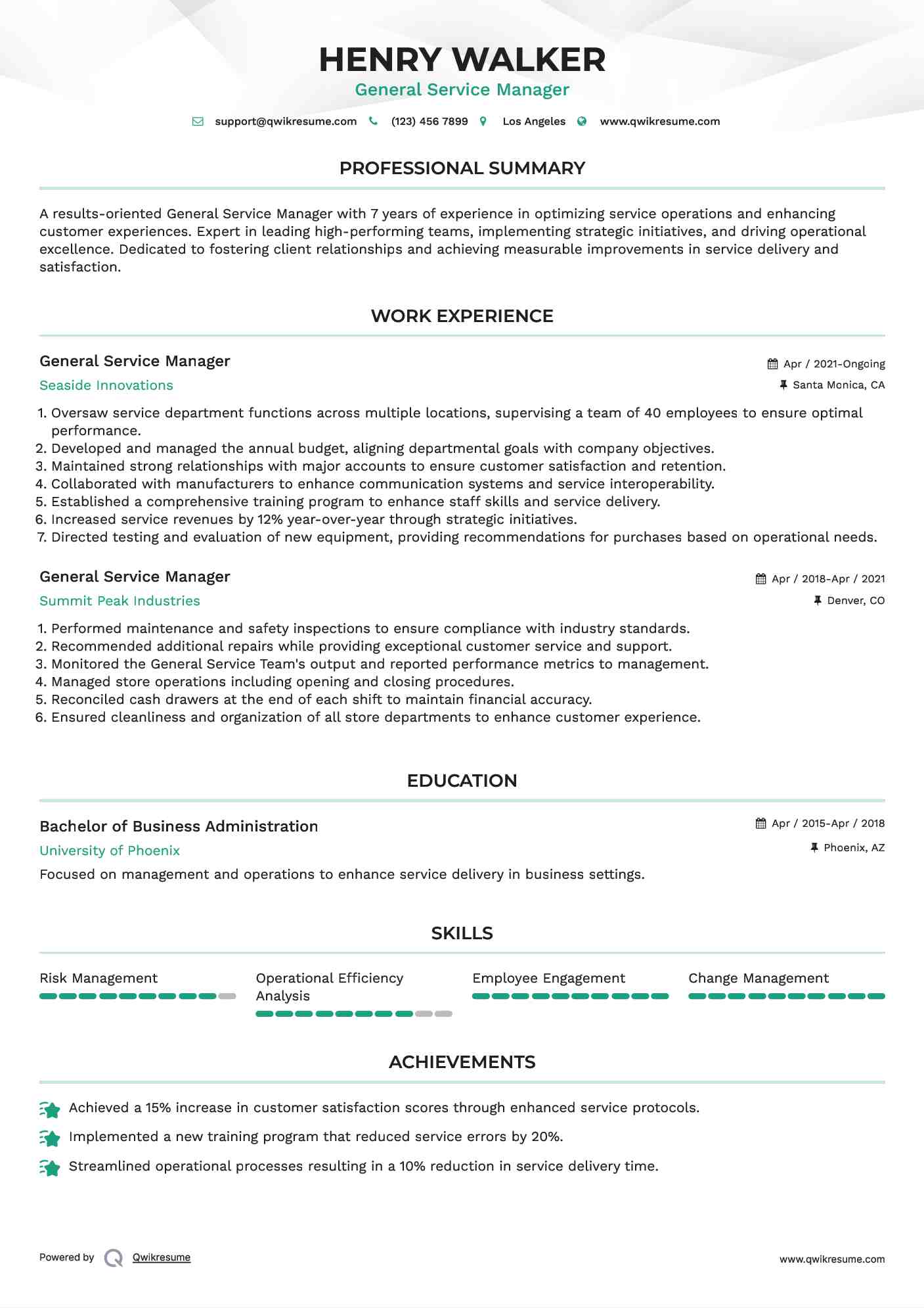 General Service Manager Resume Format