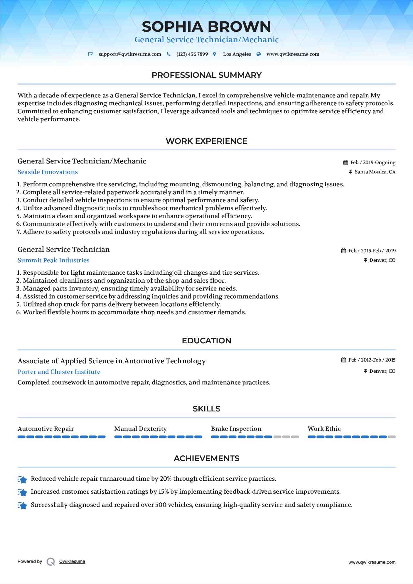 General Service Technician/Mechanic Resume Model