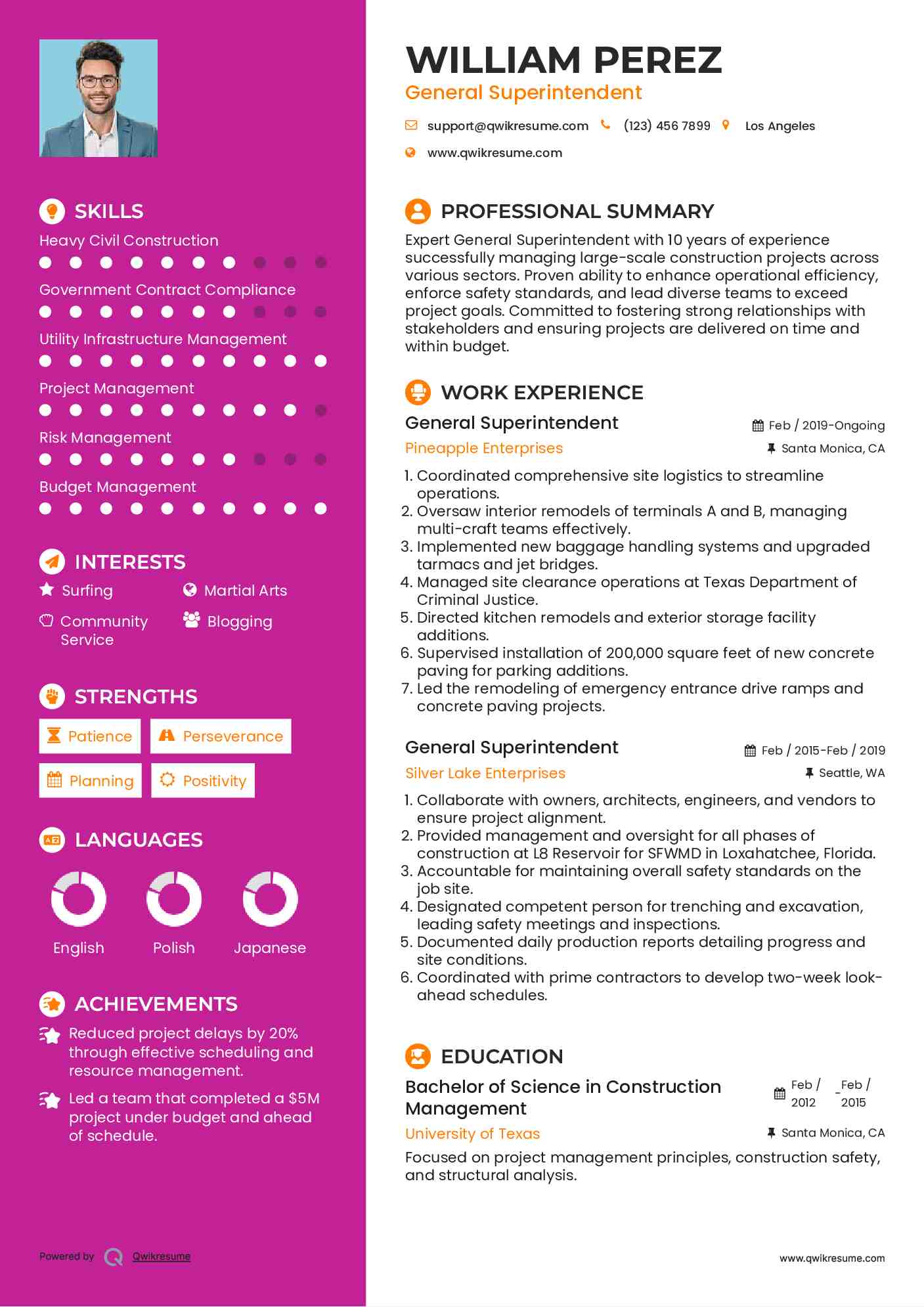 General Superintendent Resume Sample