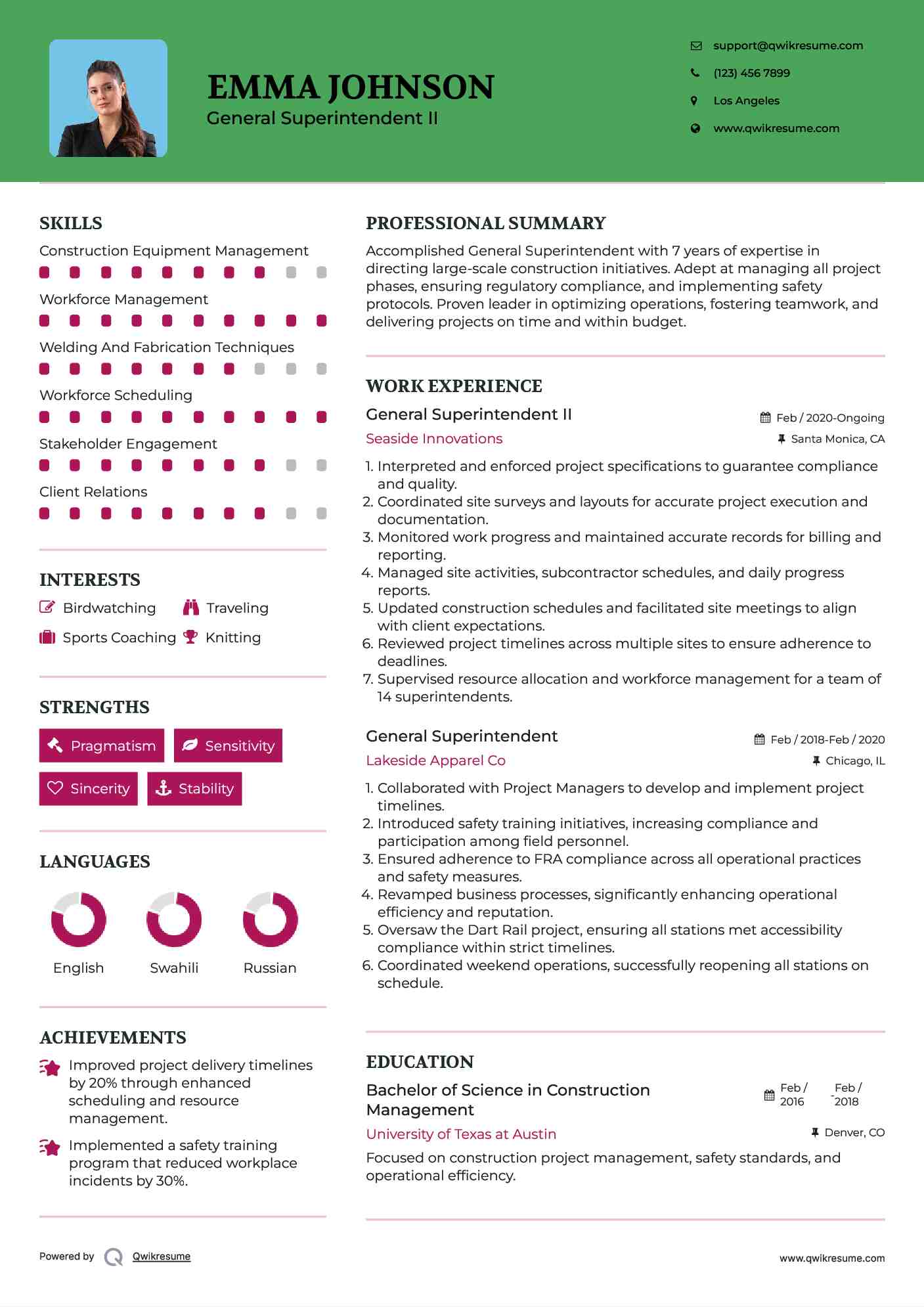 General Superintendent II  Resume Model