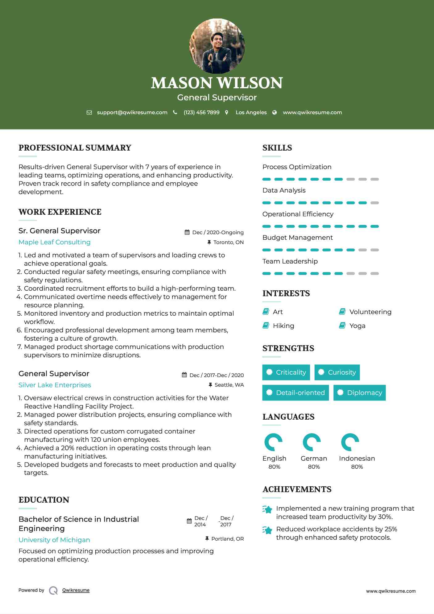 Sr. General Supervisor Resume Sample