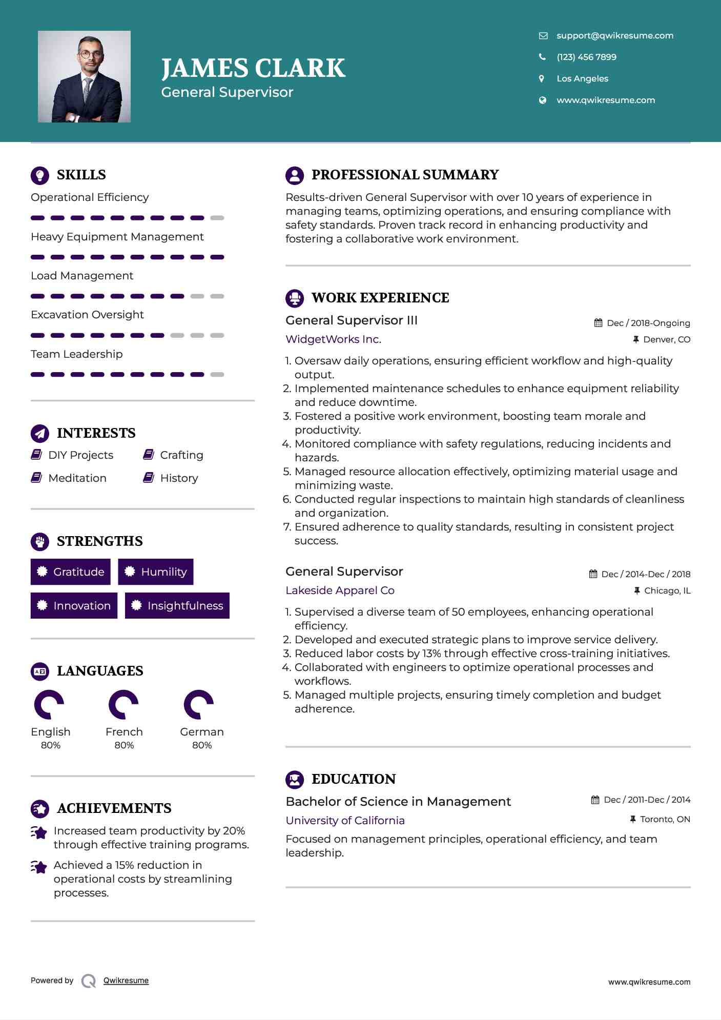 General Supervisor III Resume Example