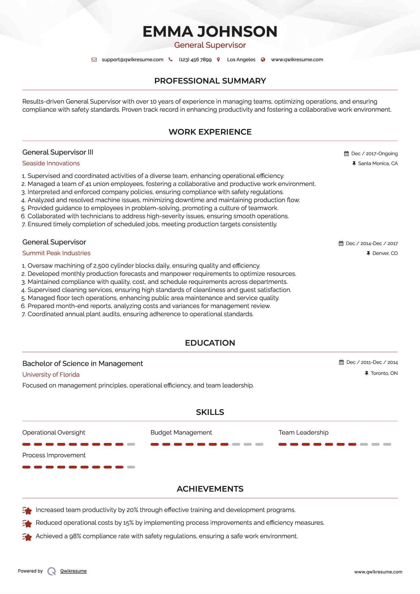 General Supervisor III Resume Example