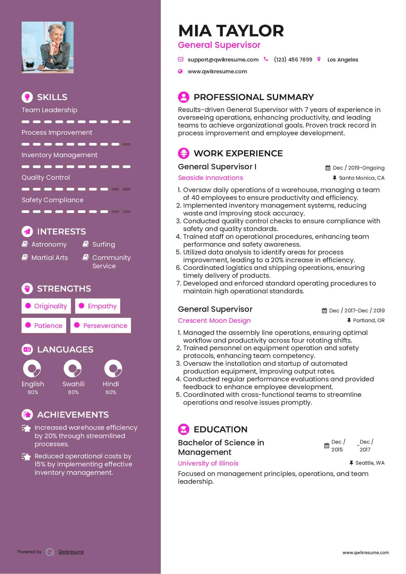 General Supervisor I Resume Example