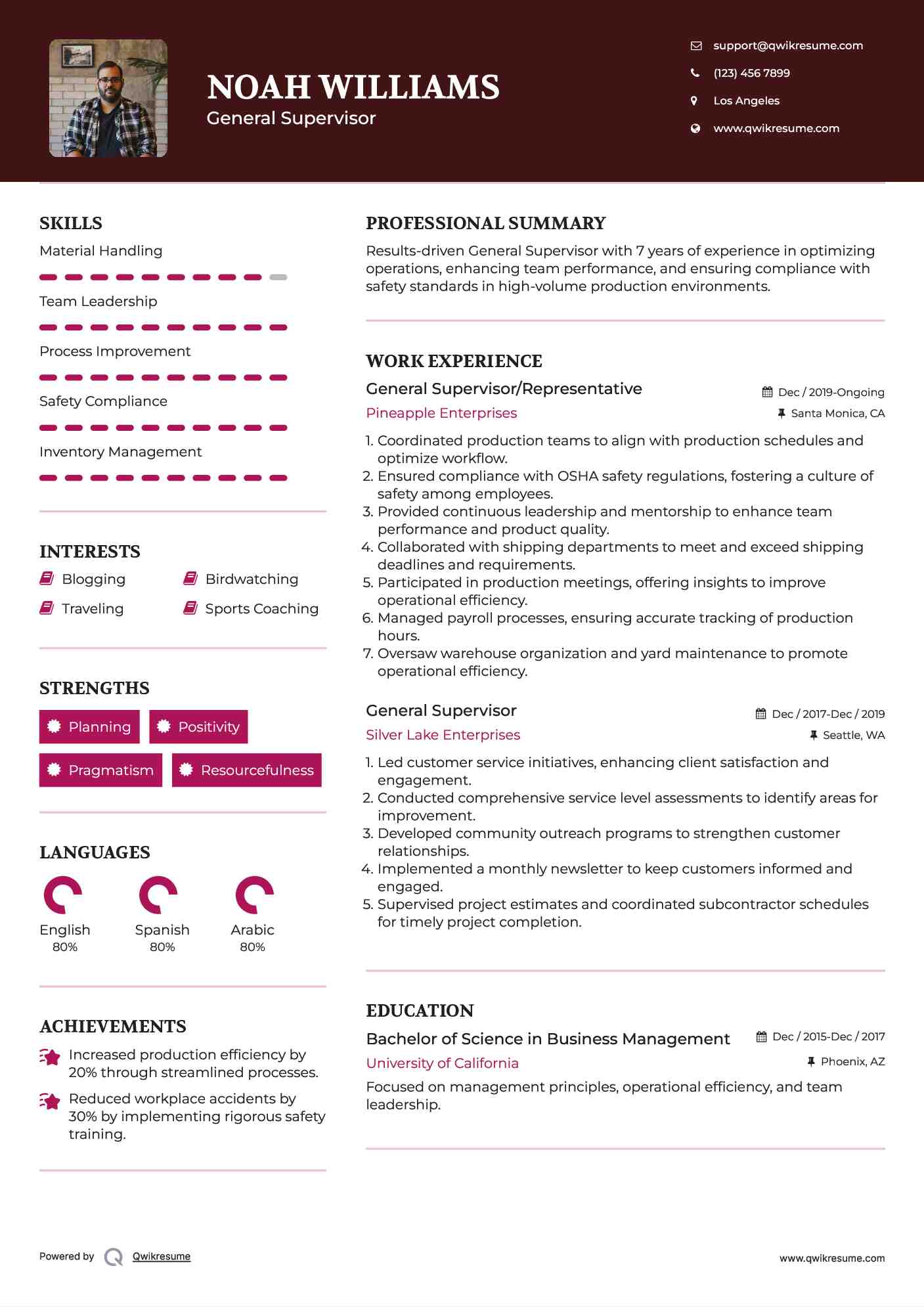 General Supervisor/Representative Resume Format