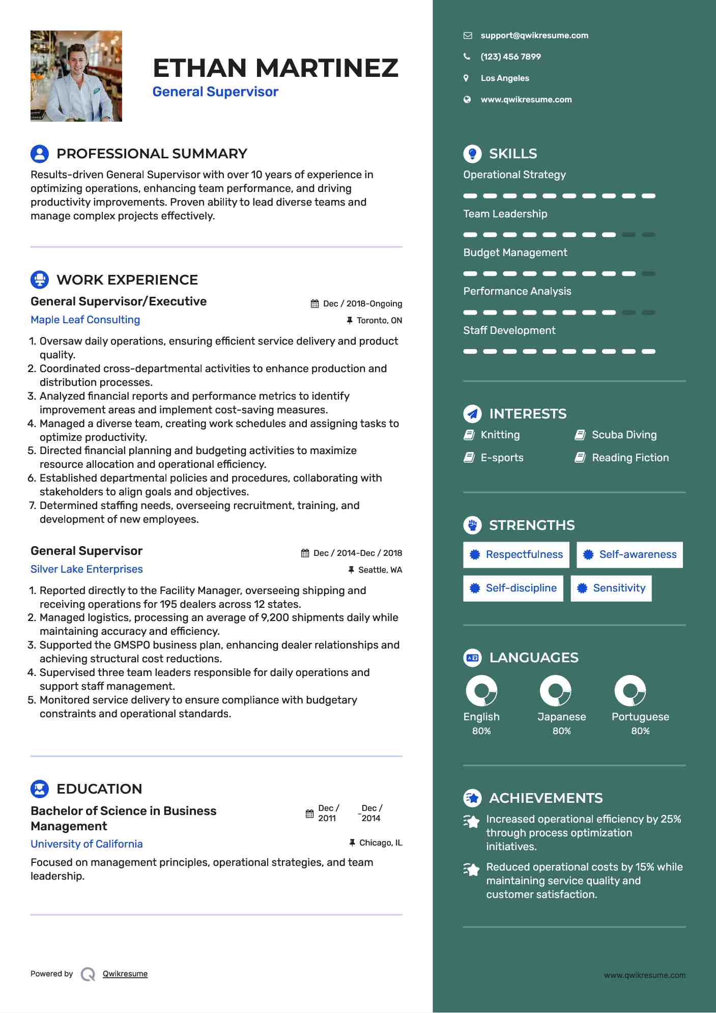 General Supervisor/Executive Resume Sample