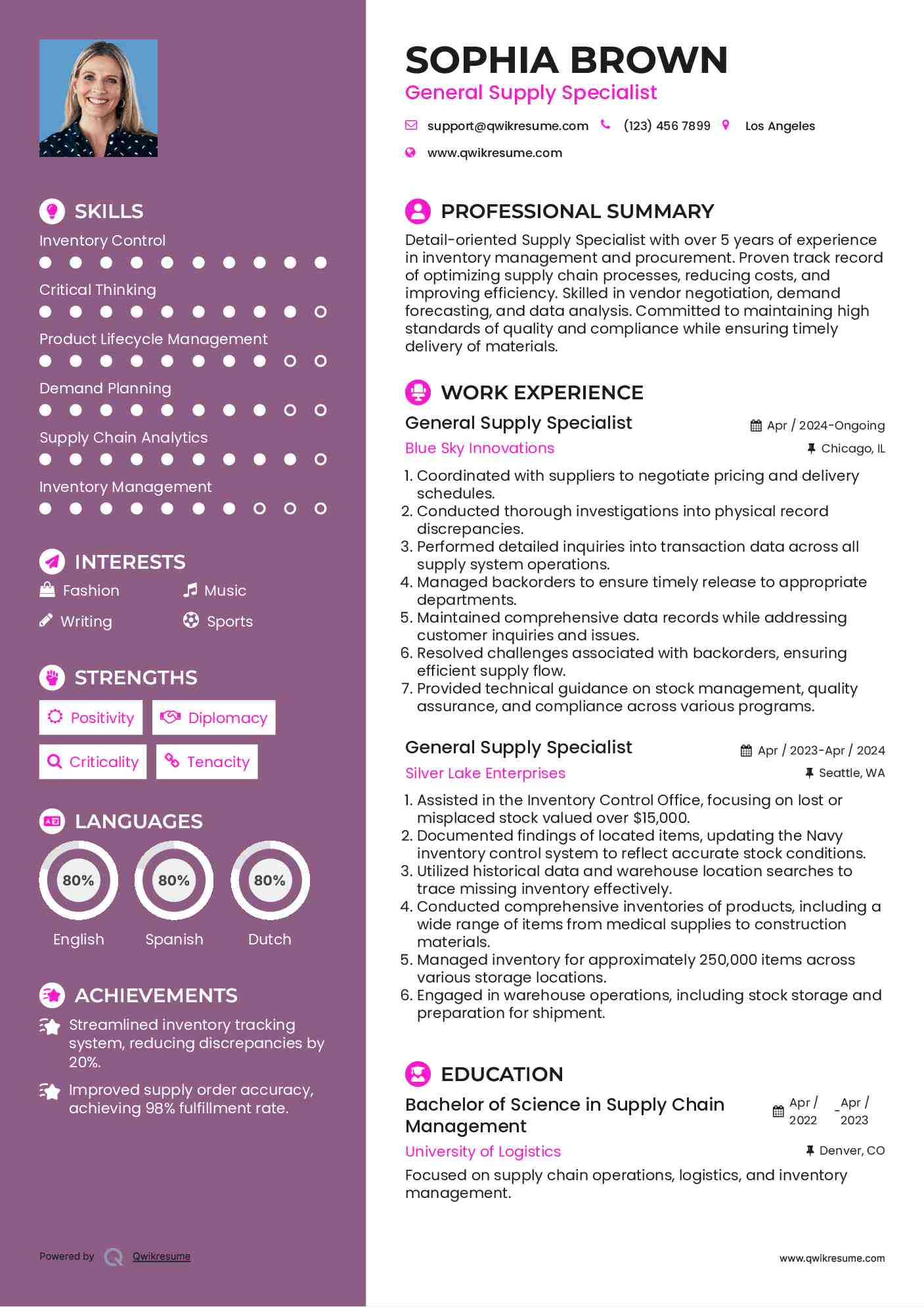 General Supply Specialist Resume Example