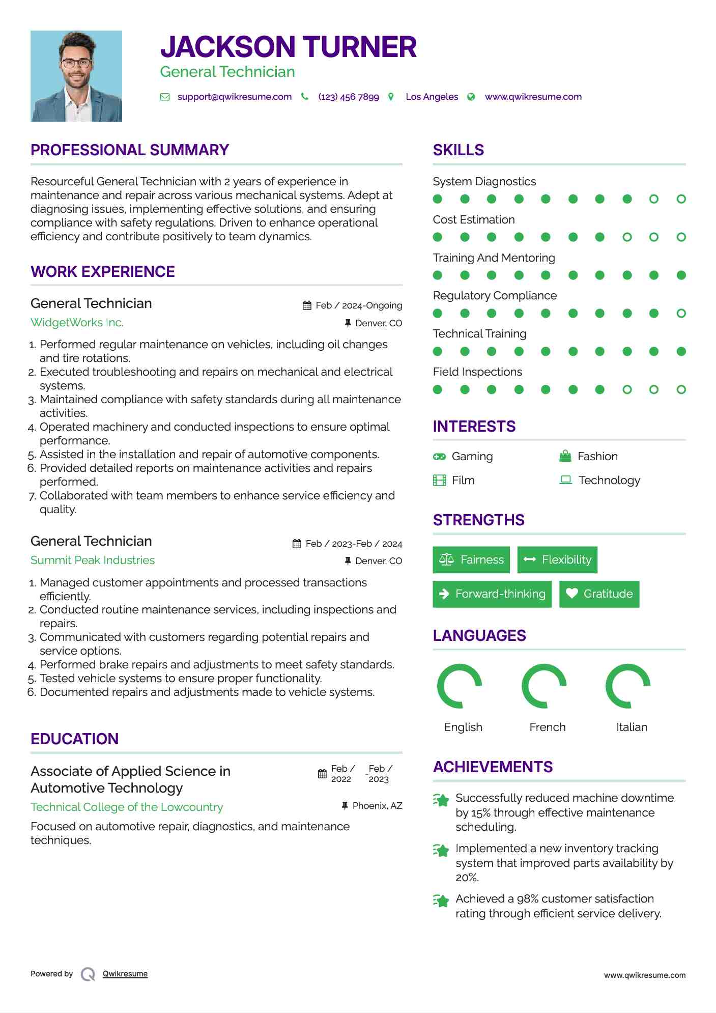 General Technician Resume Model