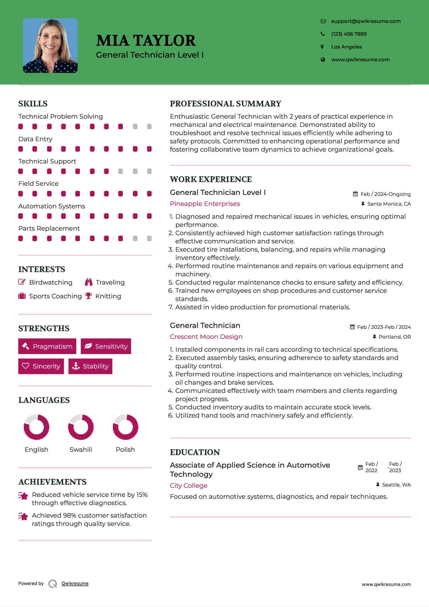 General Technician Level I Resume Example