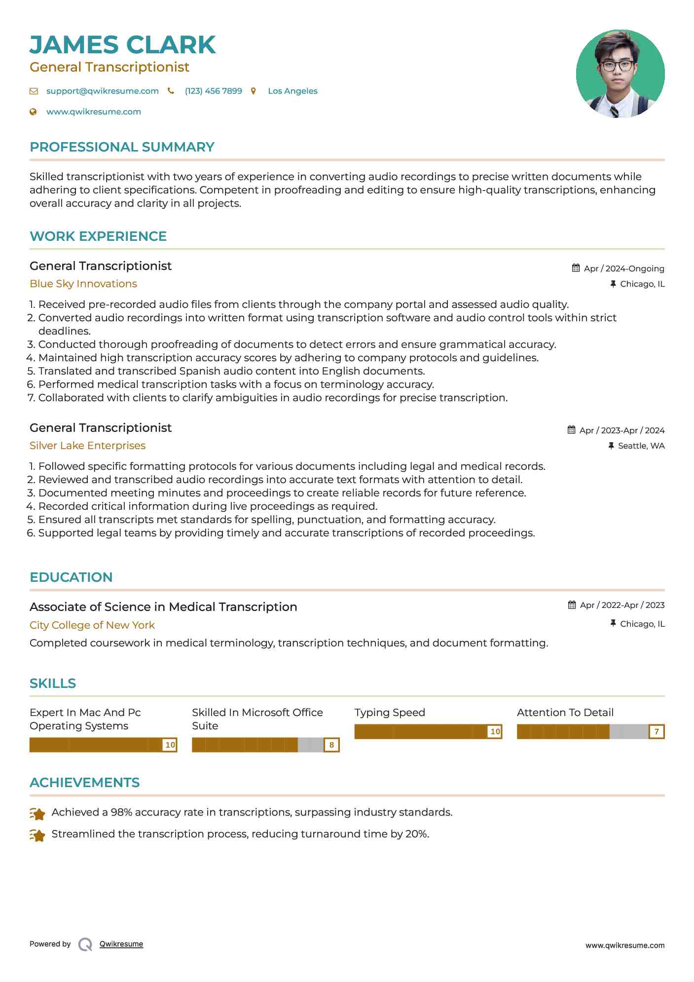 General Transcriptionist Resume Example