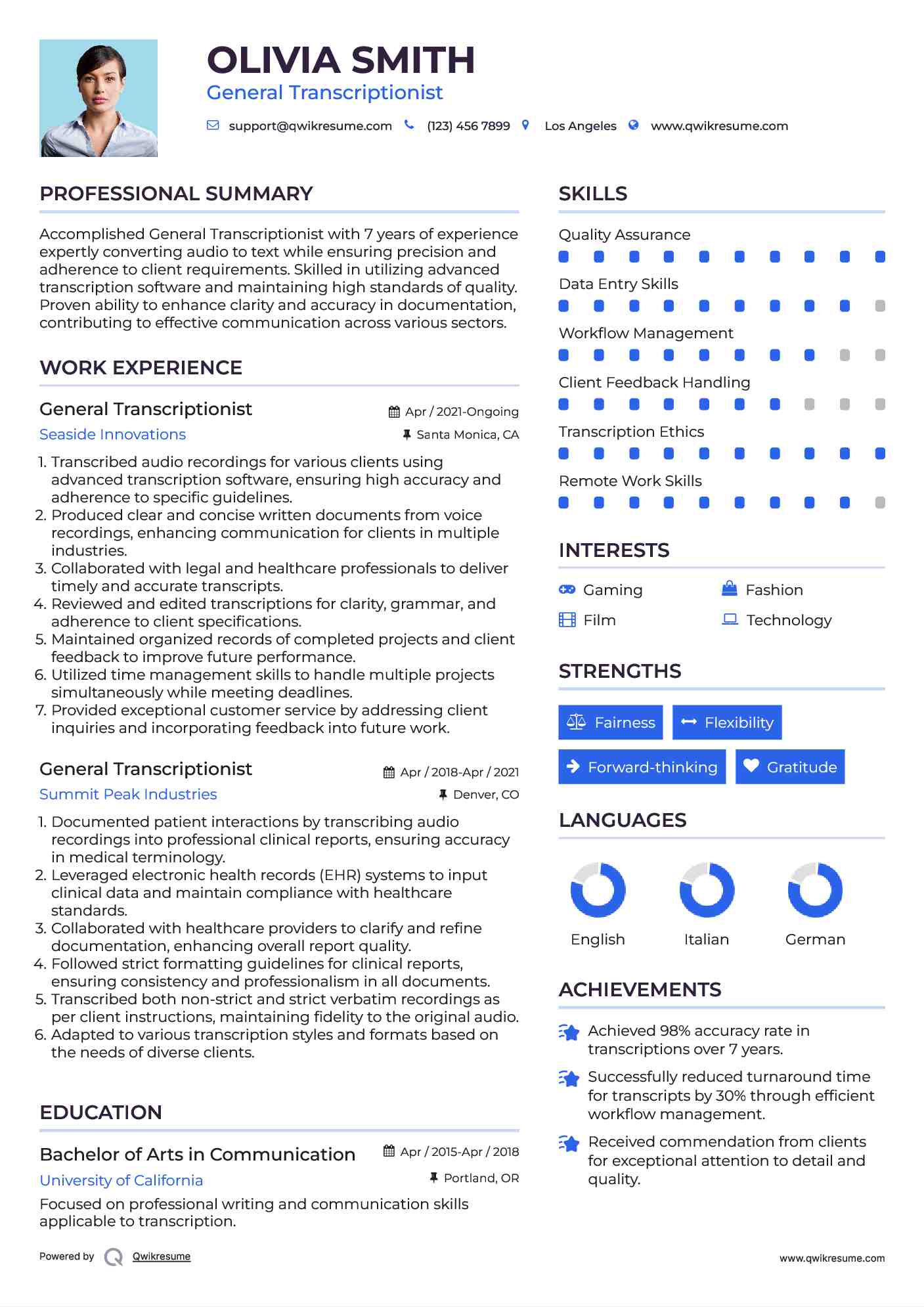 General Transcriptionist Resume Format