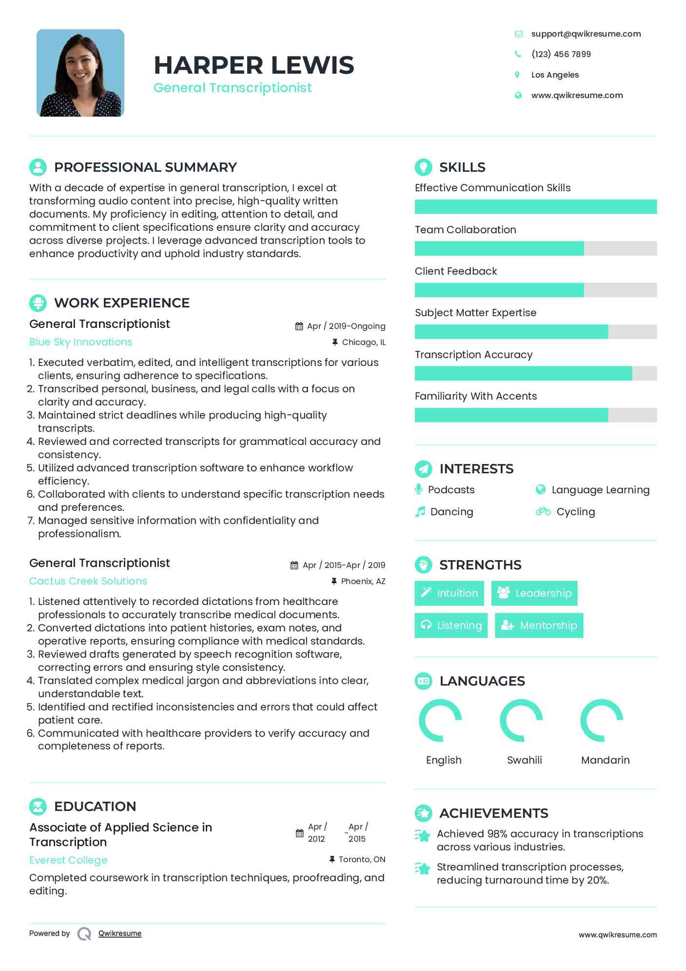 General Transcriptionist Resume Format