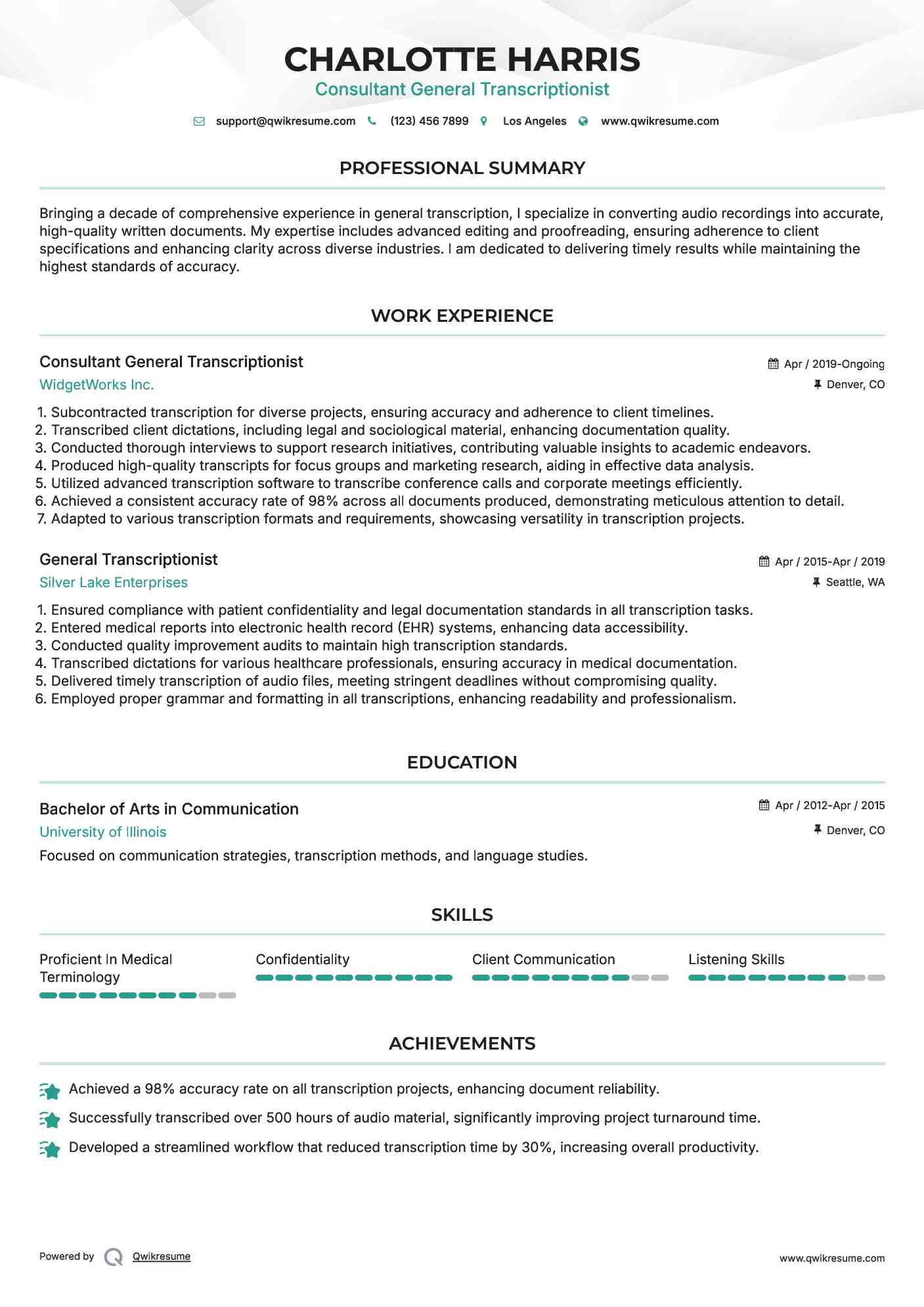 Consultant General Transcriptionist Resume Sample