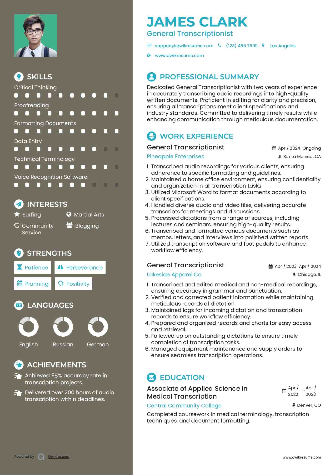 General Transcriptionist Resume Template