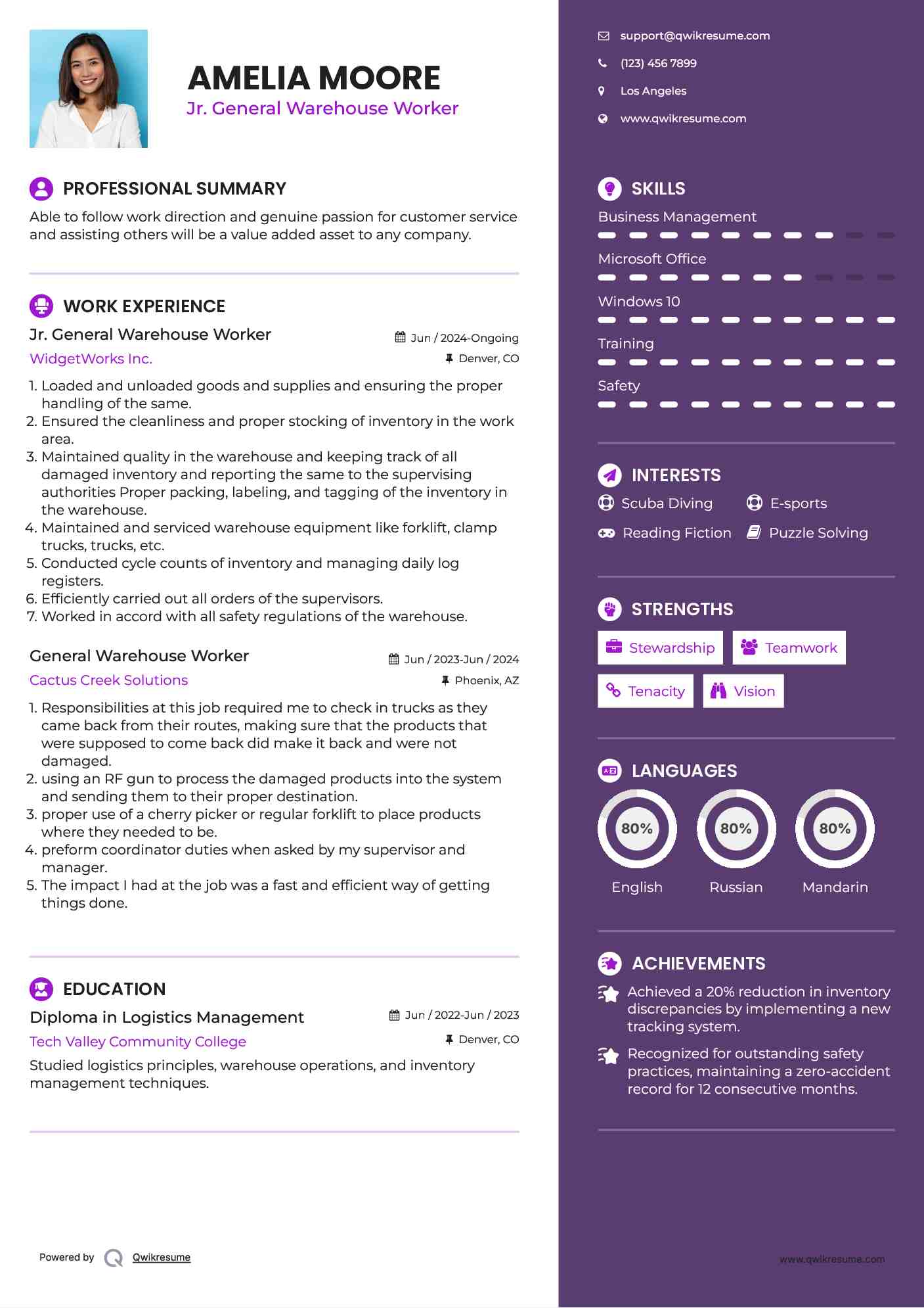 Jr. General Warehouse Worker Resume Template