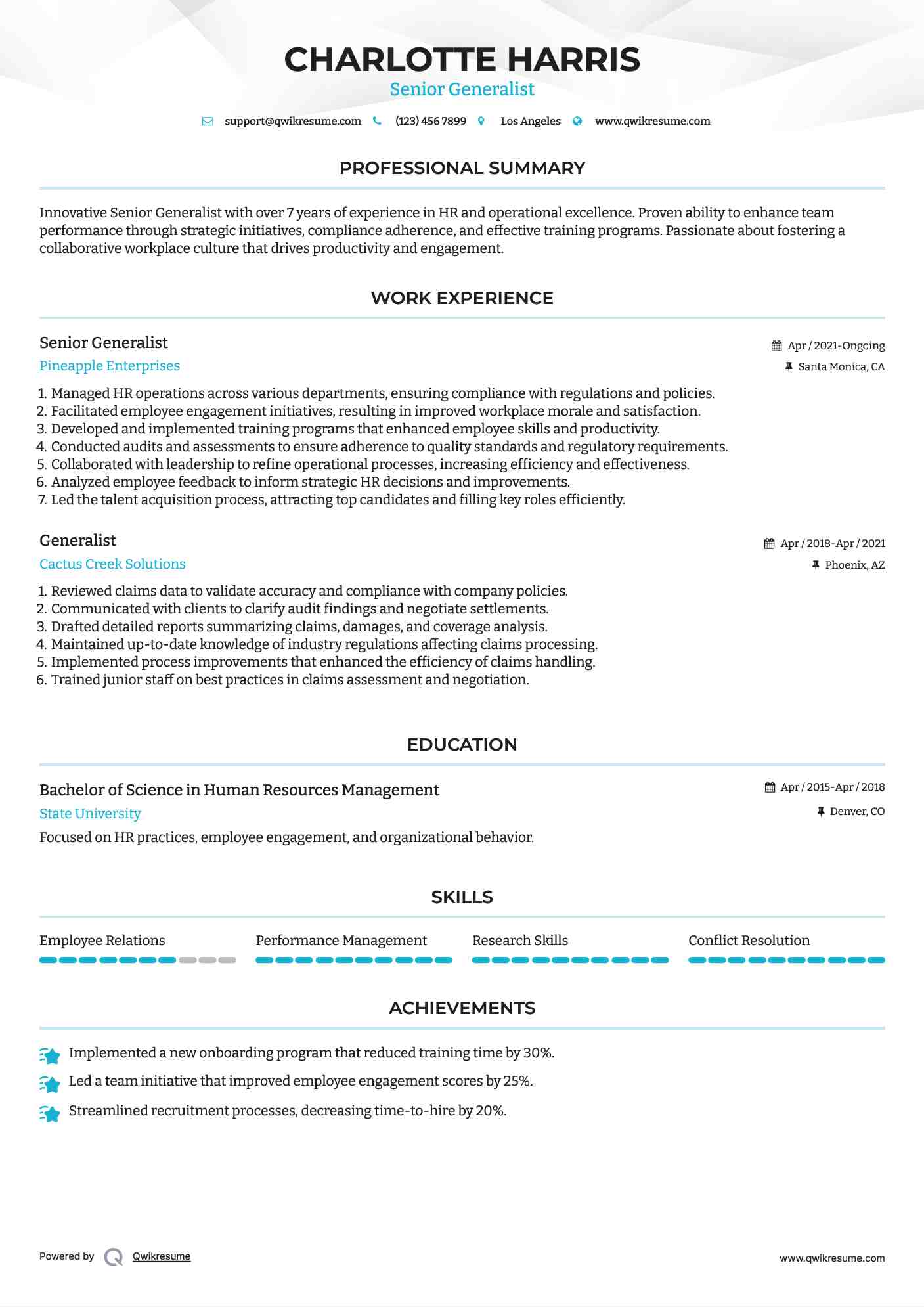 Senior Generalist Resume Example