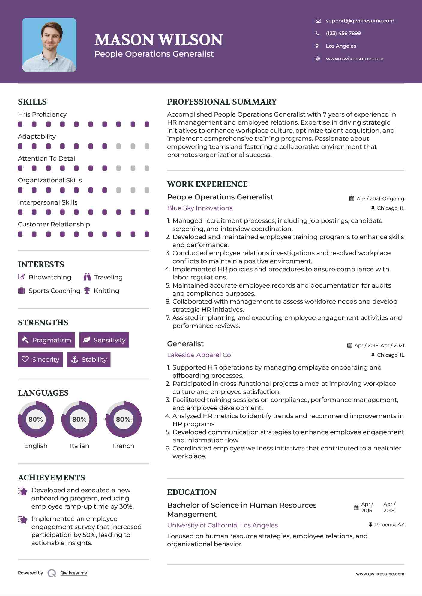 People Operations Generalist Resume Sample