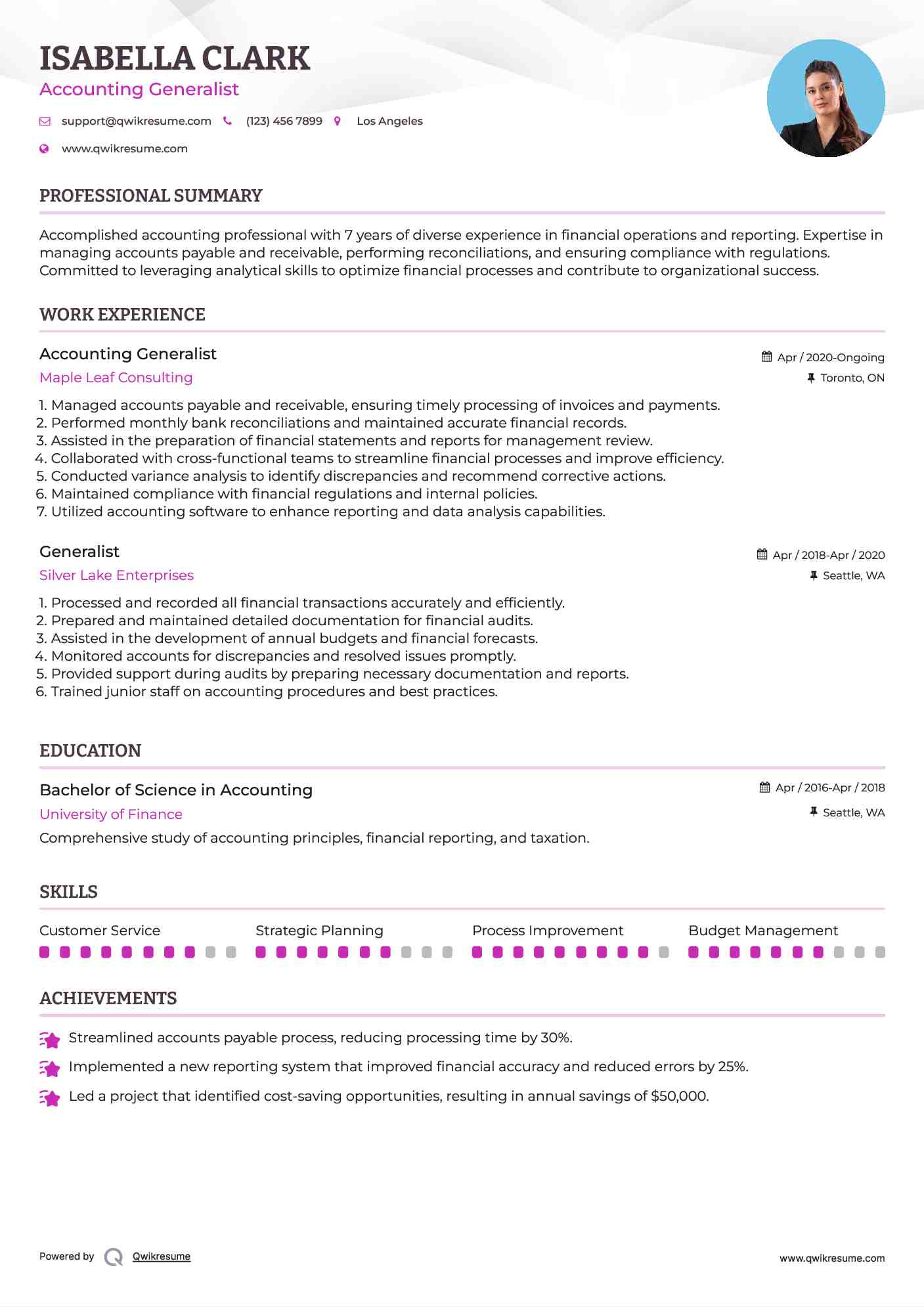 Accounting Generalist Resume Example