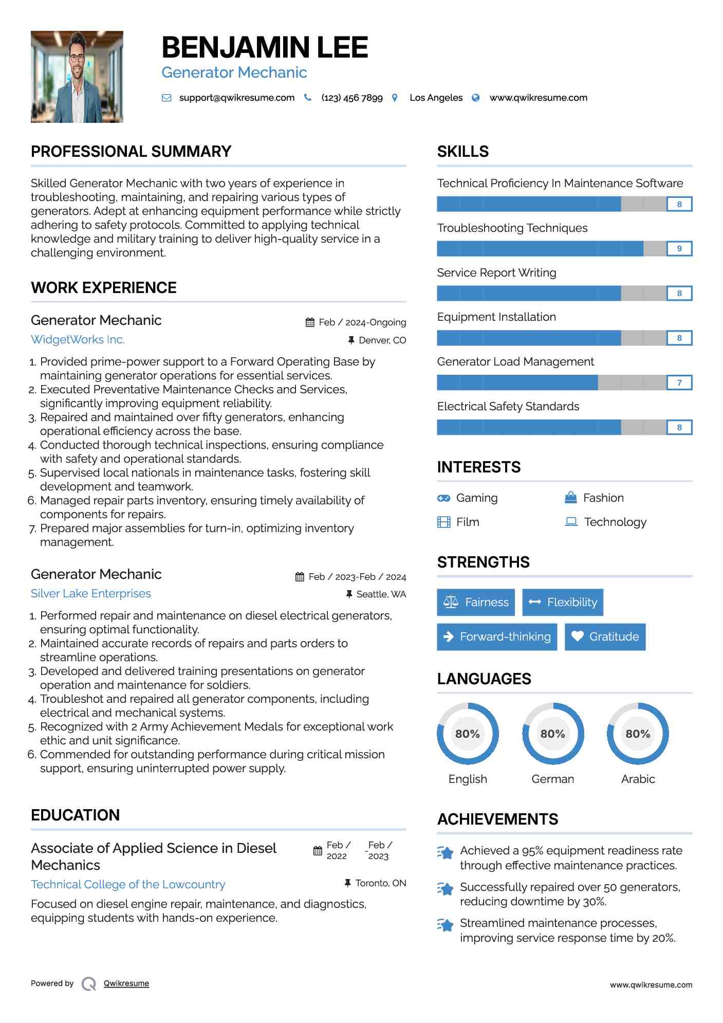 Generator Mechanic Resume Example