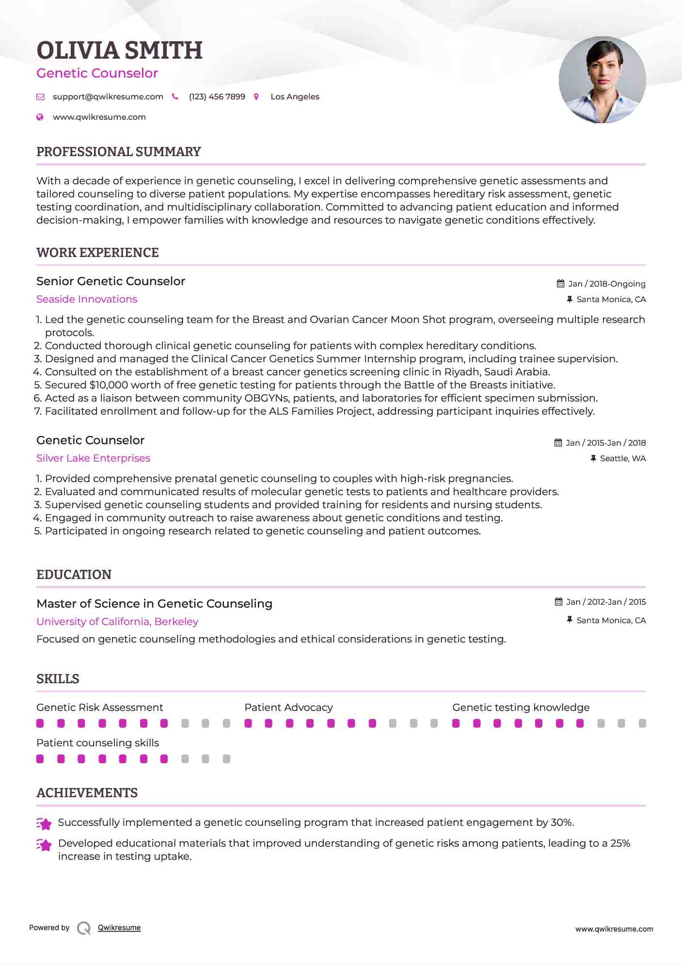 Senior Genetic Counselor Resume Format
