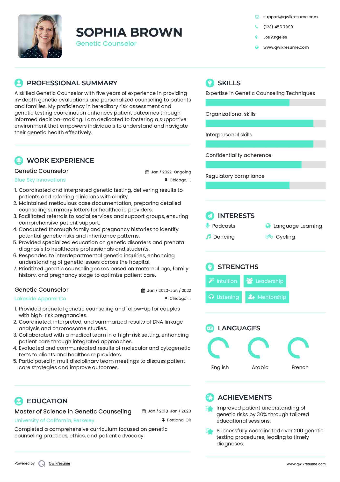 Genetic Counselor Resume Sample