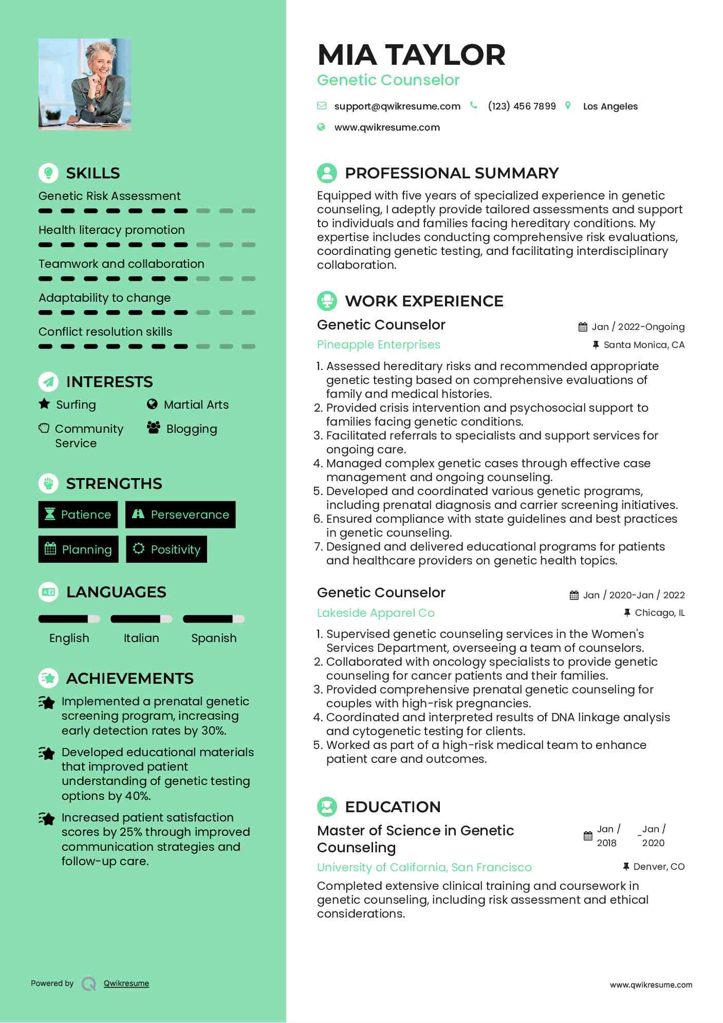 Genetic Counselor Resume Sample